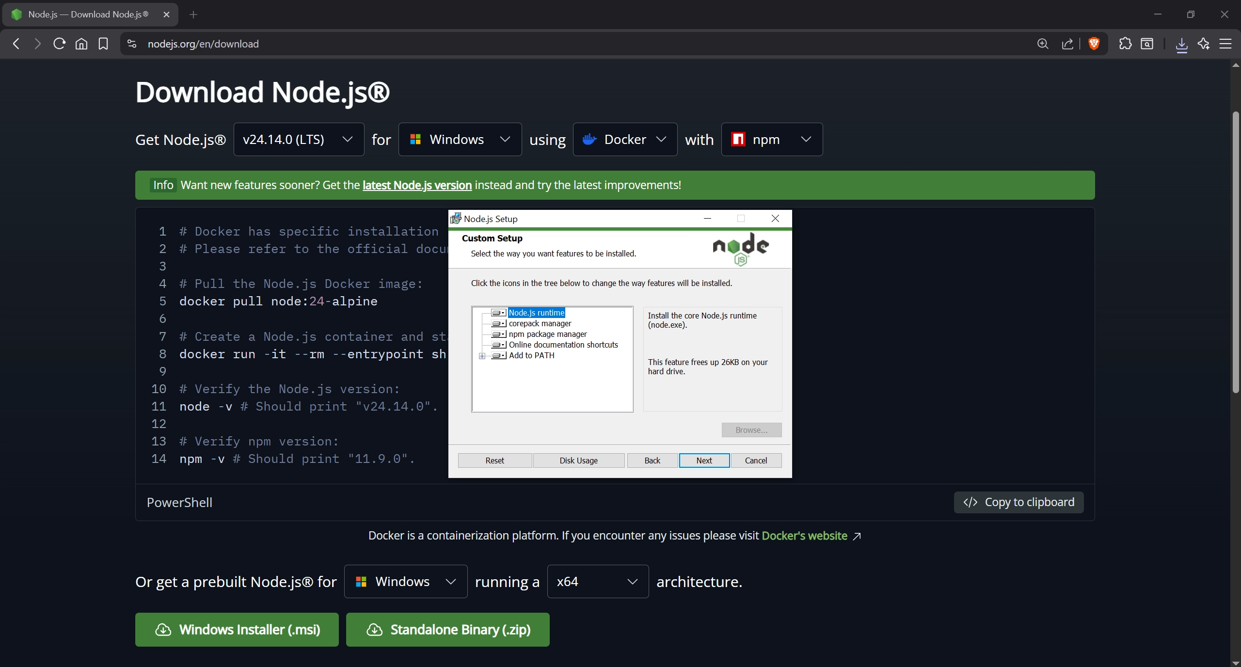 Screenshot: Node.js download page and installer on Windows
