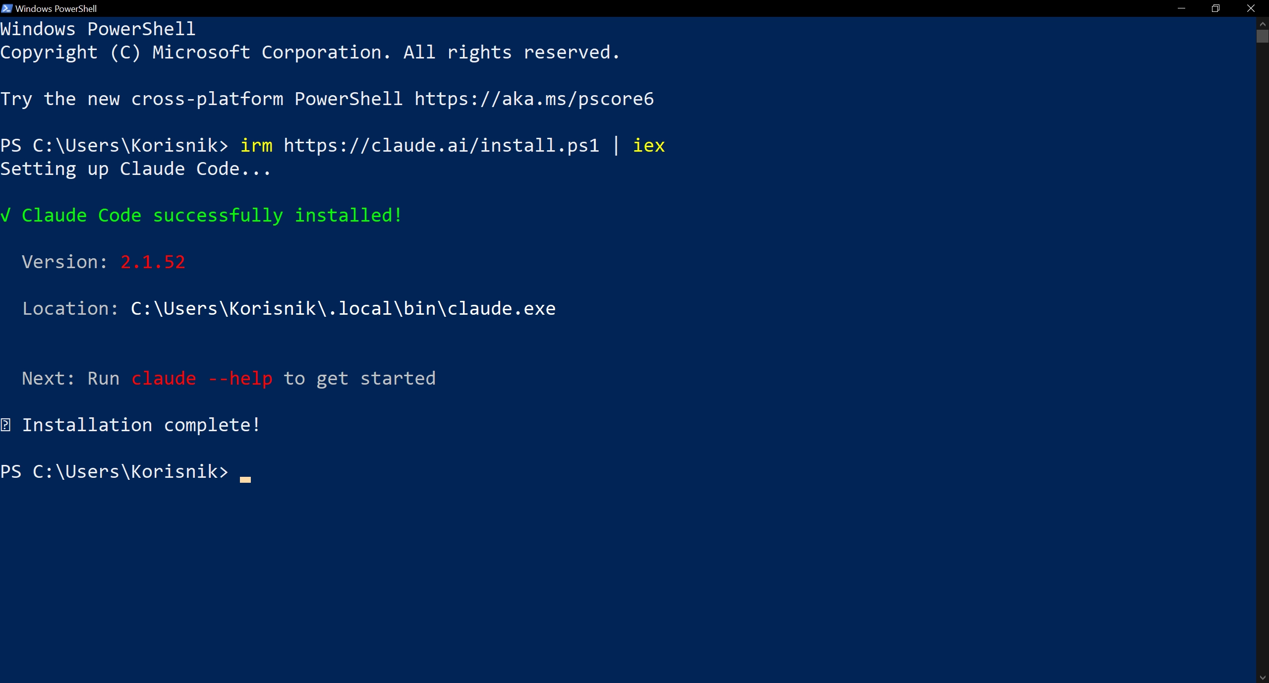 Screenshot: PowerShell showing successful Claude Code installation