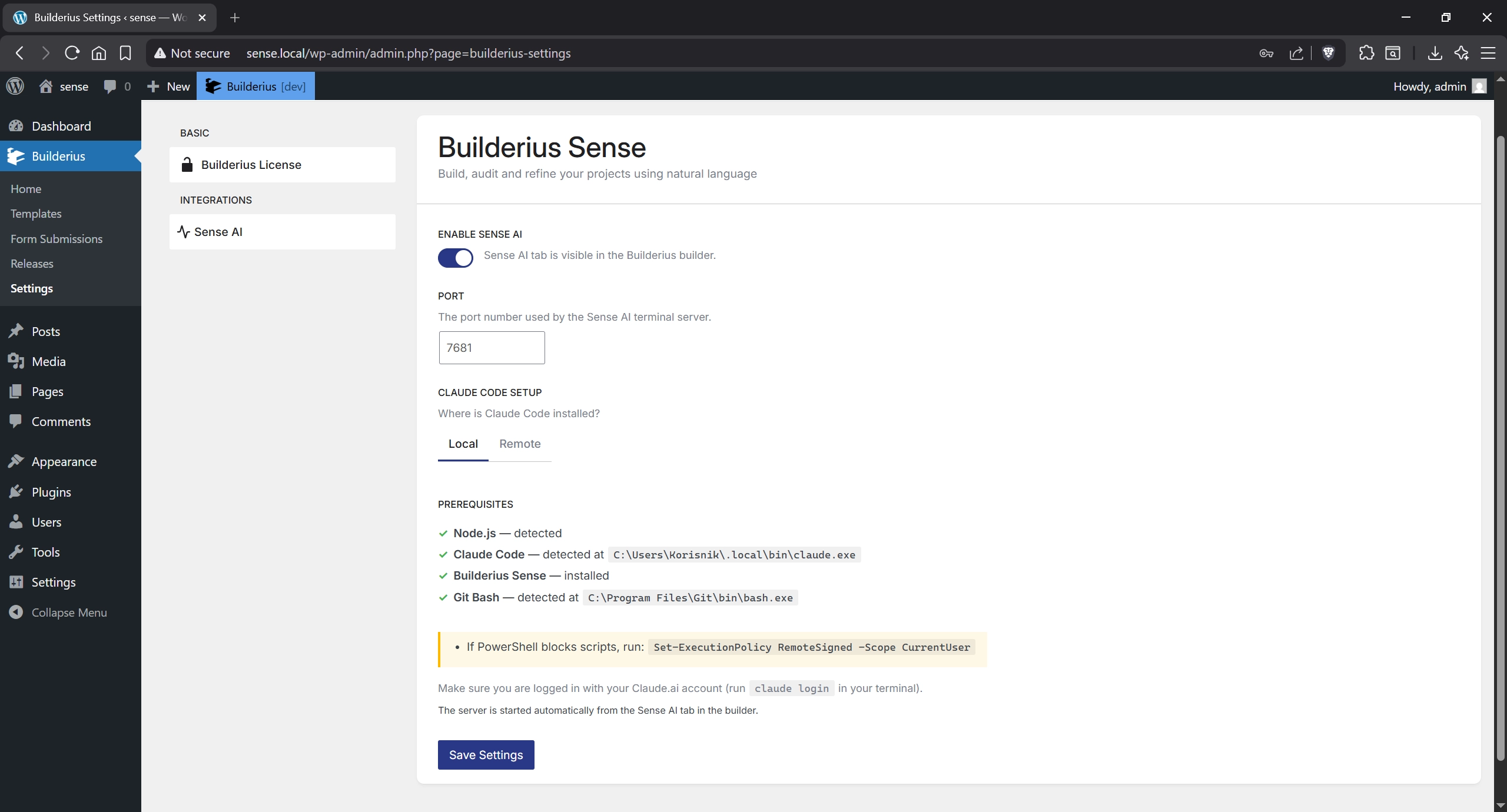 Screenshot: Builderius Sense settings page in WordPress admin with prerequisites detected