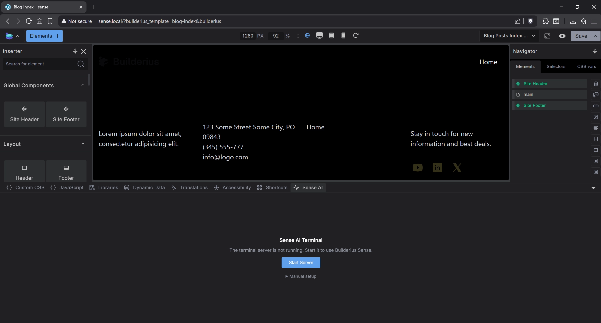 Screenshot: Builderius builder with Sense AI tab and Start Server button