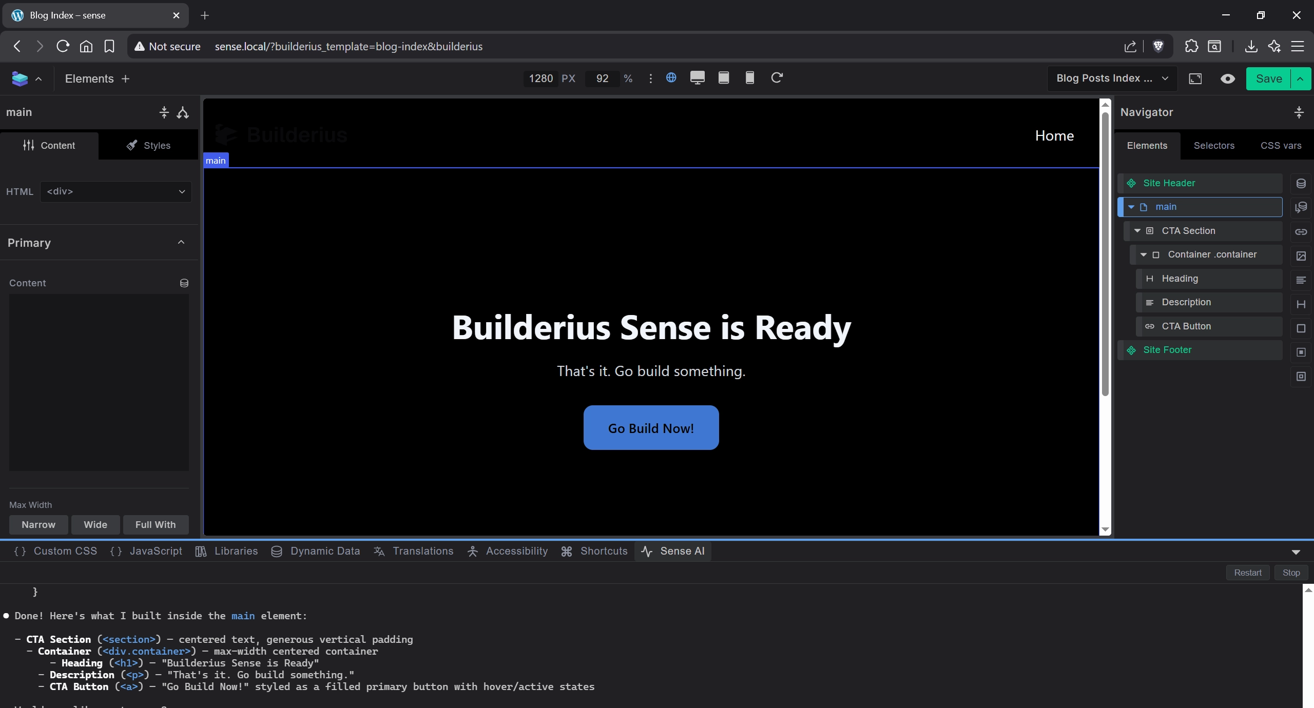 Screenshot: Sense has built a CTA section inside the builder