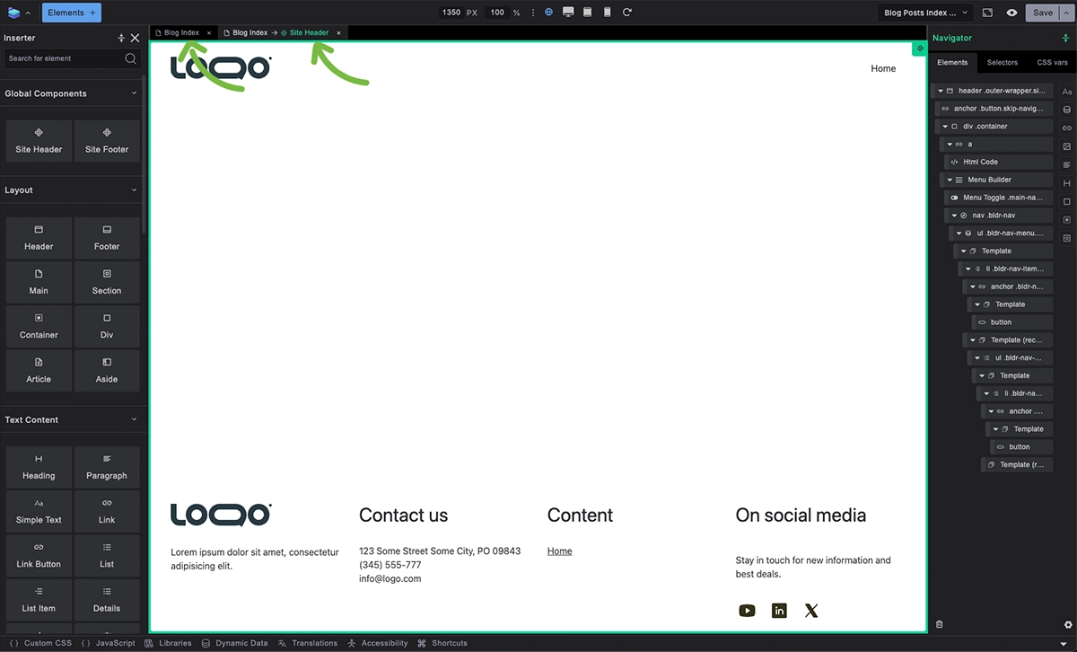 Screenshot: Component editing mode showing tabs above canvas