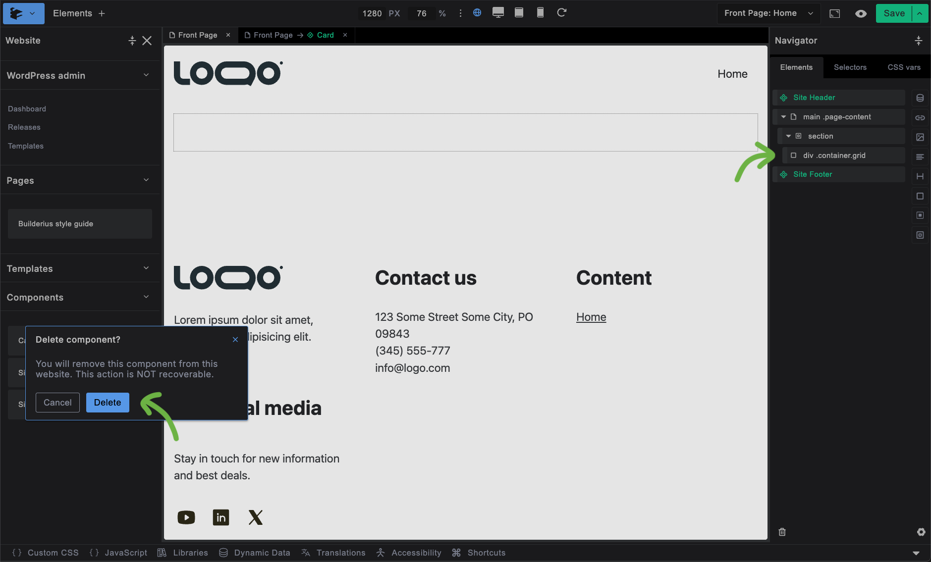 Screenshot: Deletion warning modal shown, warning user that deleting component is not posible with used instances