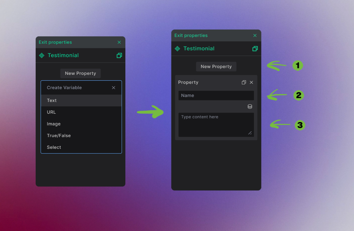 Text property creation showing name and default value fields