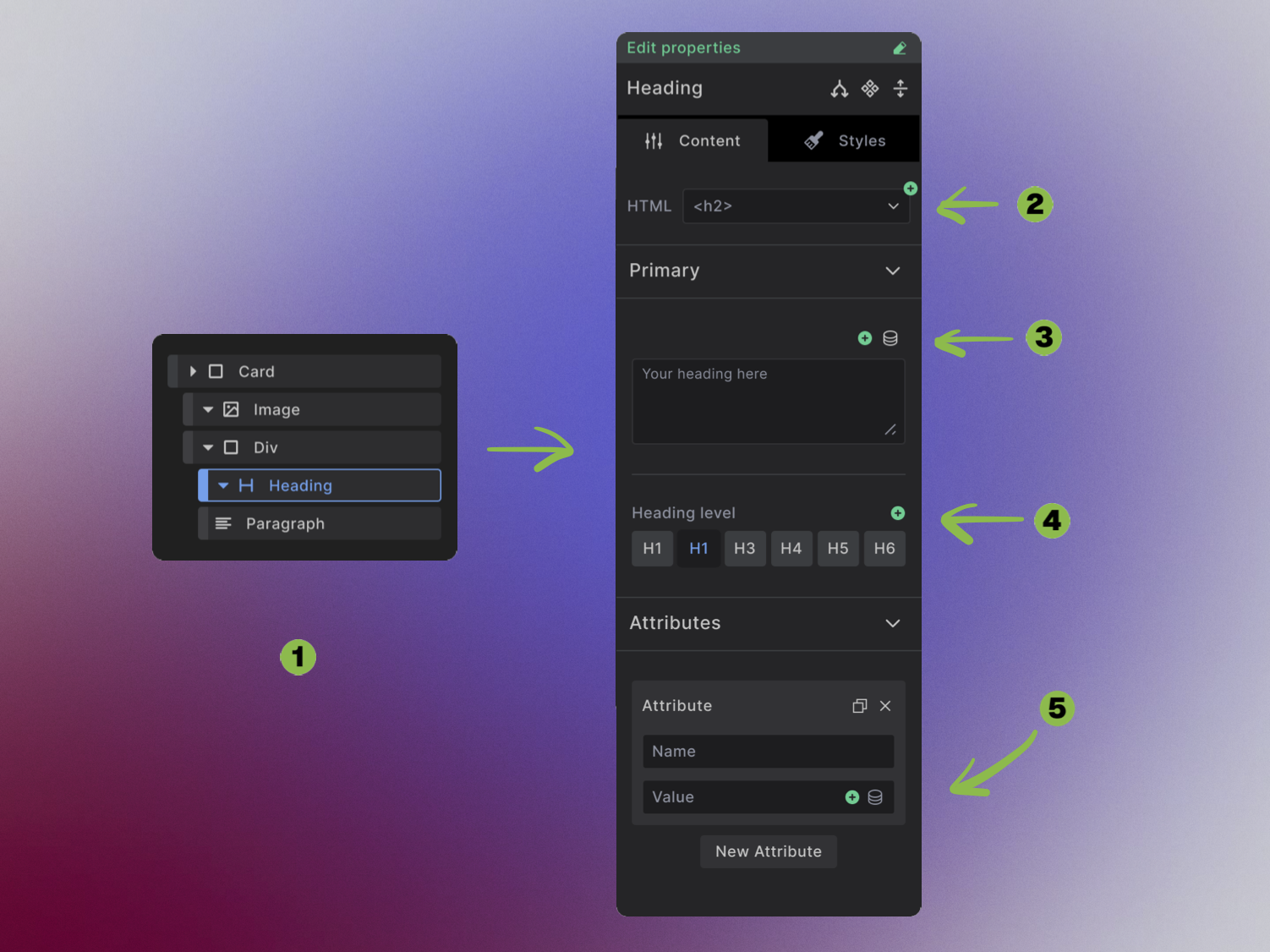 Heading element showing content binding options