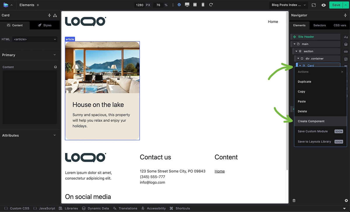 Screenshot: Right-click menu on selected elements showing "Convert to Component" option