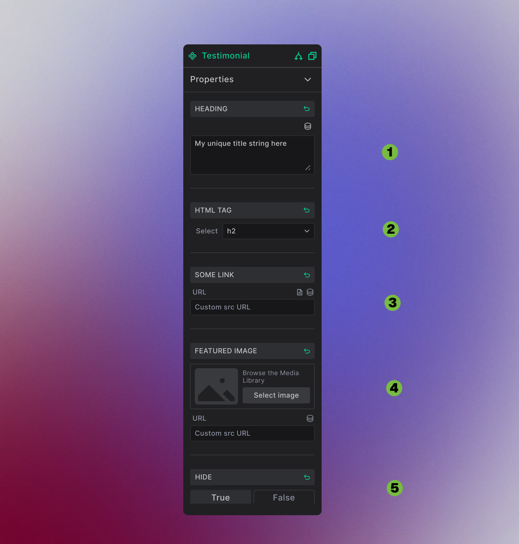 Component property panel showing different field types