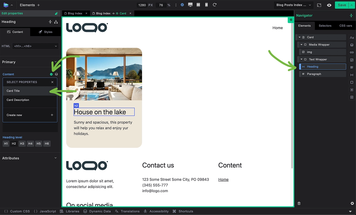 Screenshot: Element with property binding interface showing dropdown of available properties