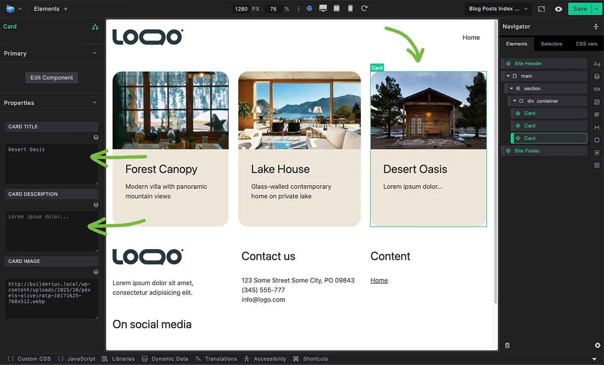 Screenshot: Component instance selected with property values panel showing customizable fields