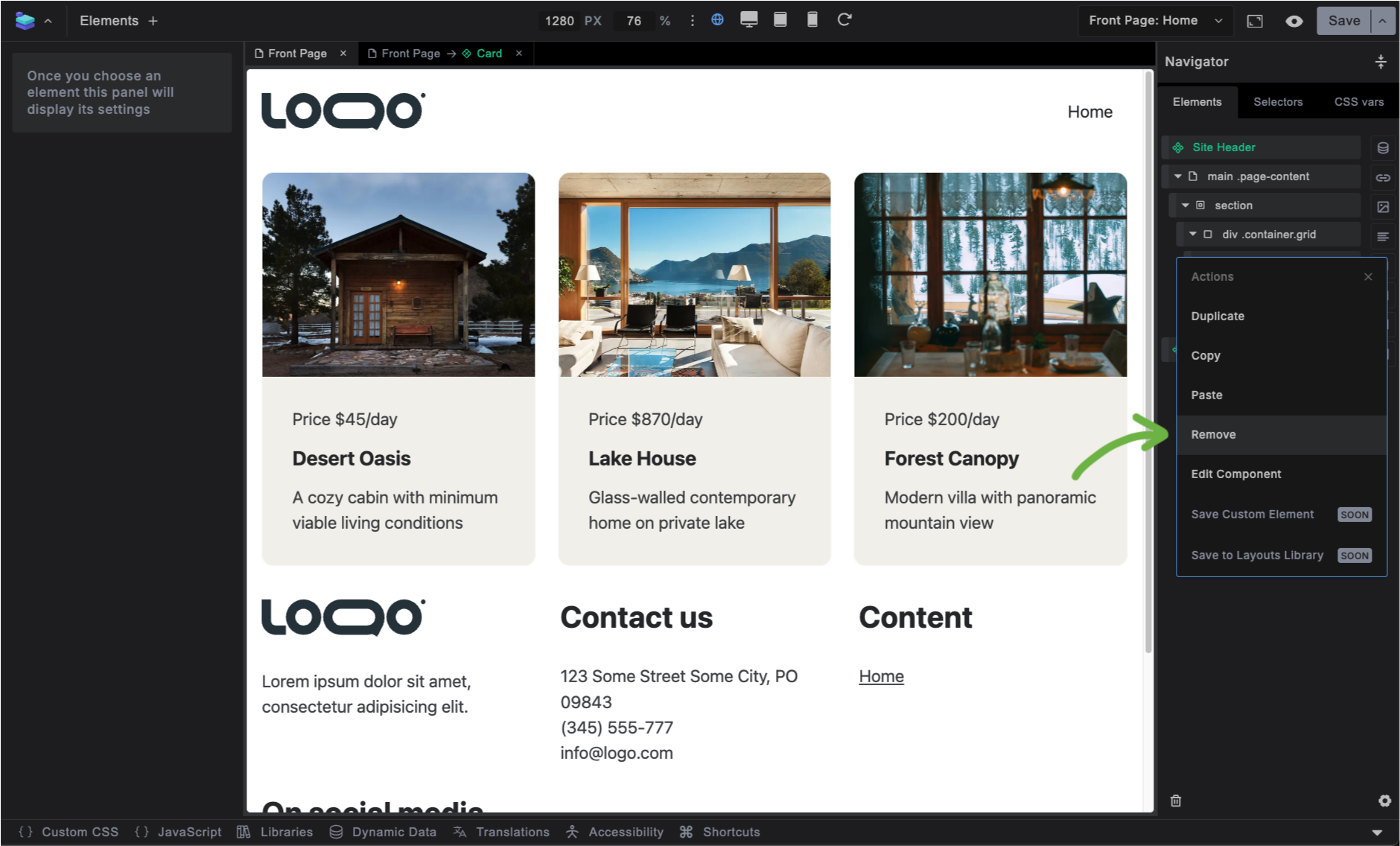 Screenshot: Single template showing three card components side by side, with one being removed