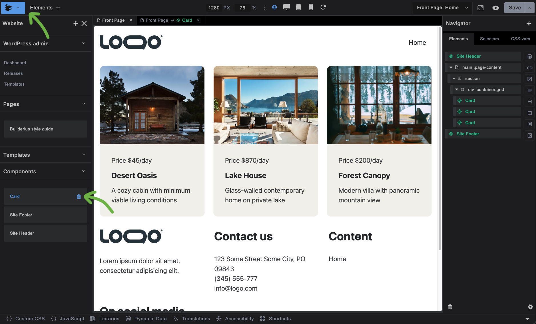 Screenshot: Right sidebar opened by clicking the logo, with cursor over delete button on component