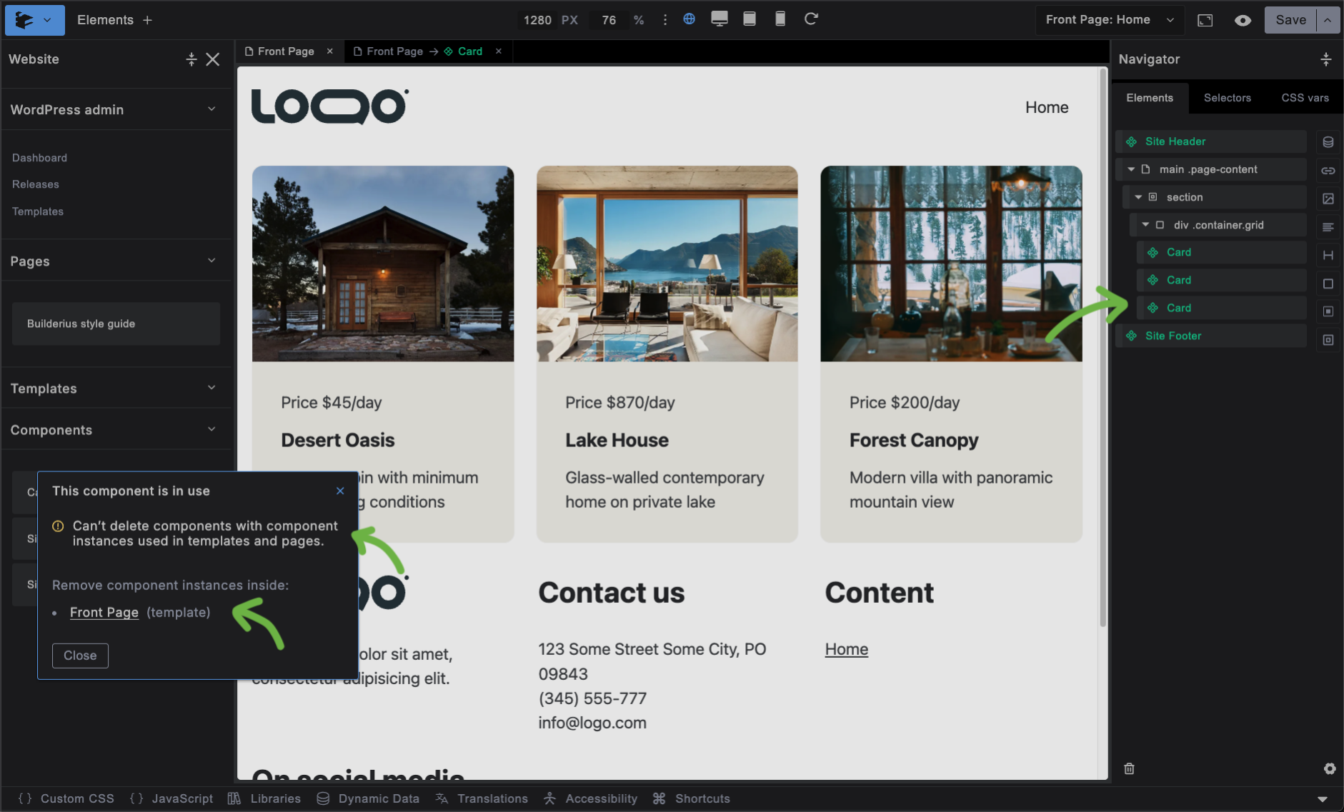 Screenshot: Deletion warning modal shown, warning user that deleting component is not posible with used instances