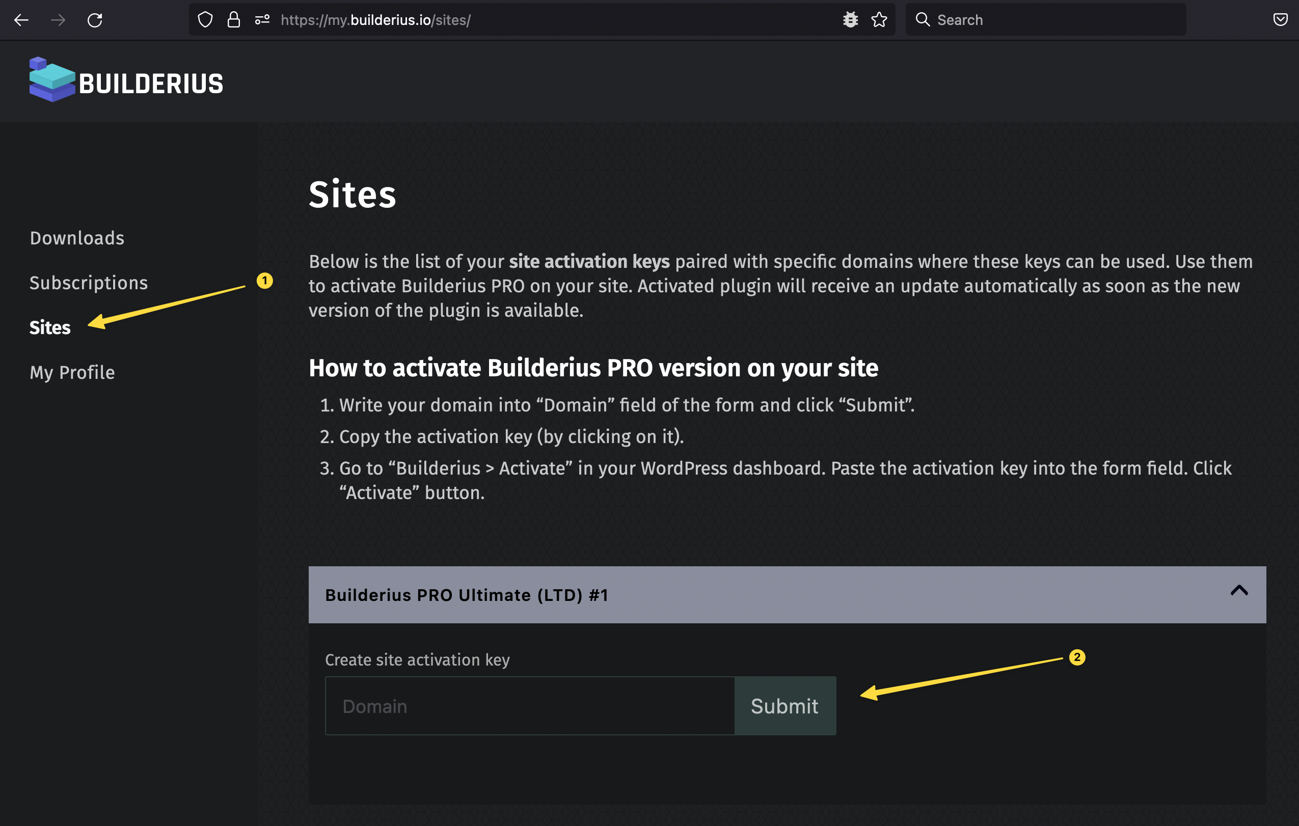 Dashboard: create site activation key form