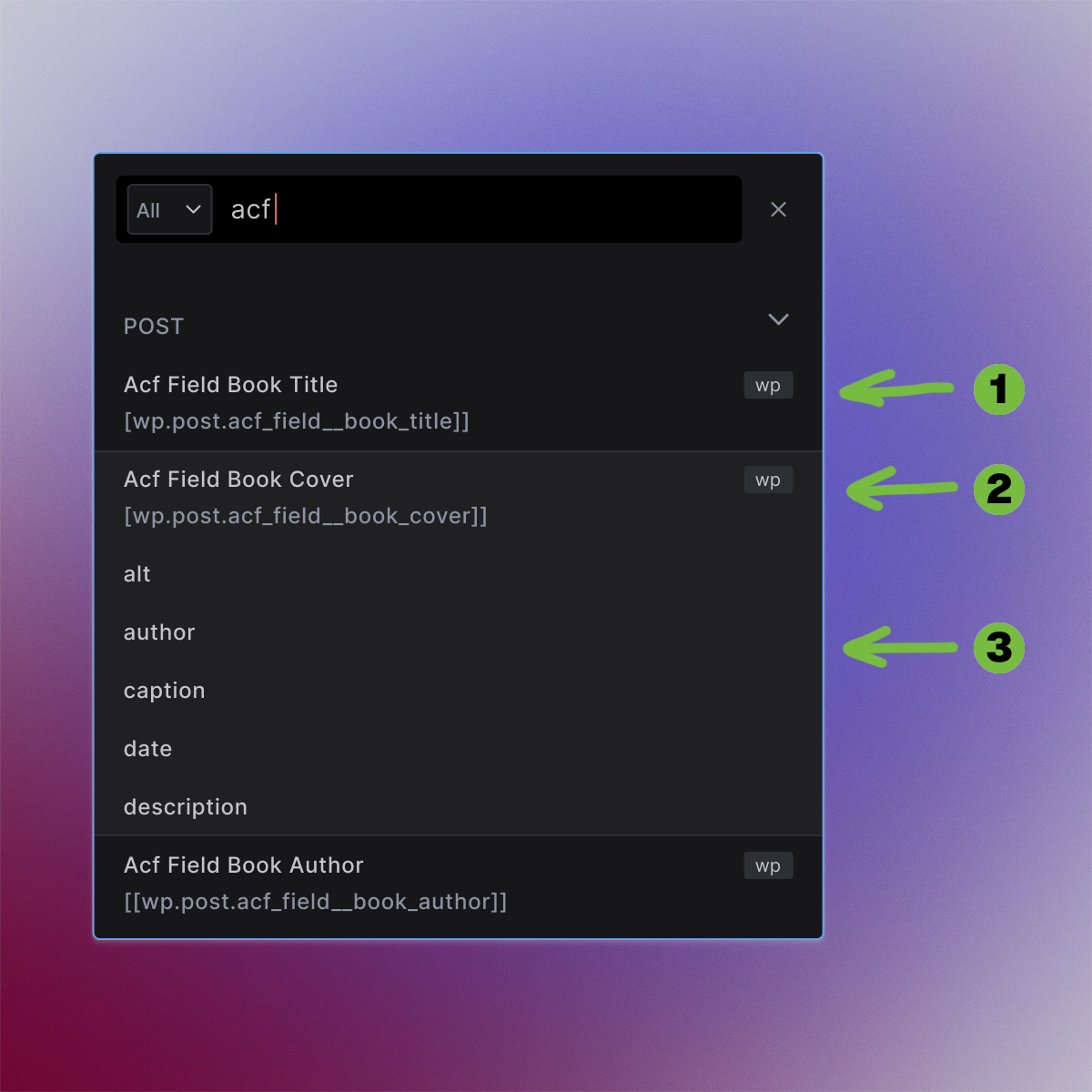 Screenshot showing the dynamic data modal with ACF WordPress data sources of different types