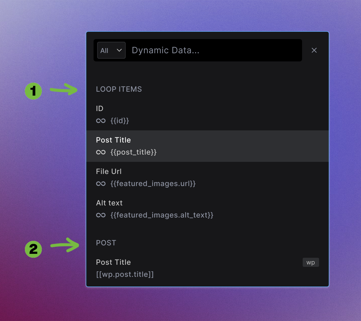 Screenshot showing Dynamic Data modal with Loop items data category on the top, followed by Post data
