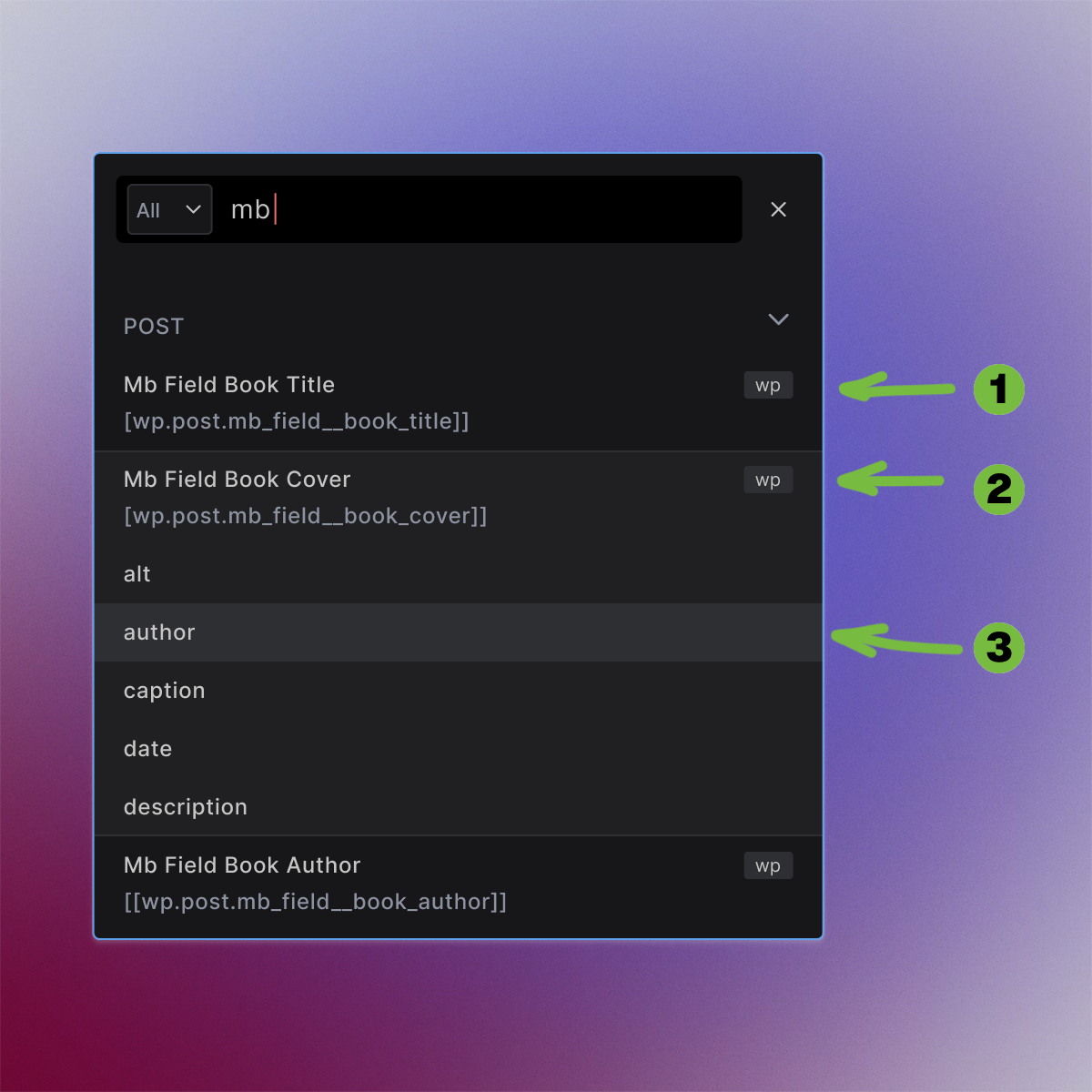 Screenshot showing the dynamic data modal with MetaBox WordPress data sources of different types