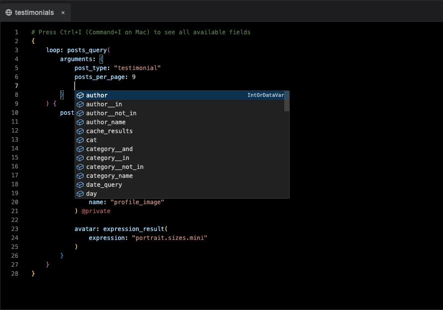Screenshot showing the GraphQL editor autocomplete interface