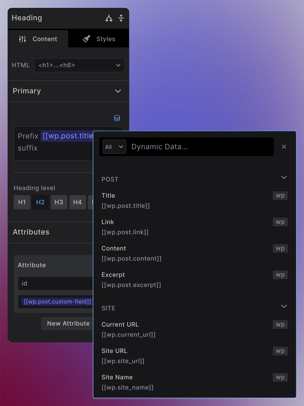 Screenshot of dynamic data modal with built-in WordPress data sources