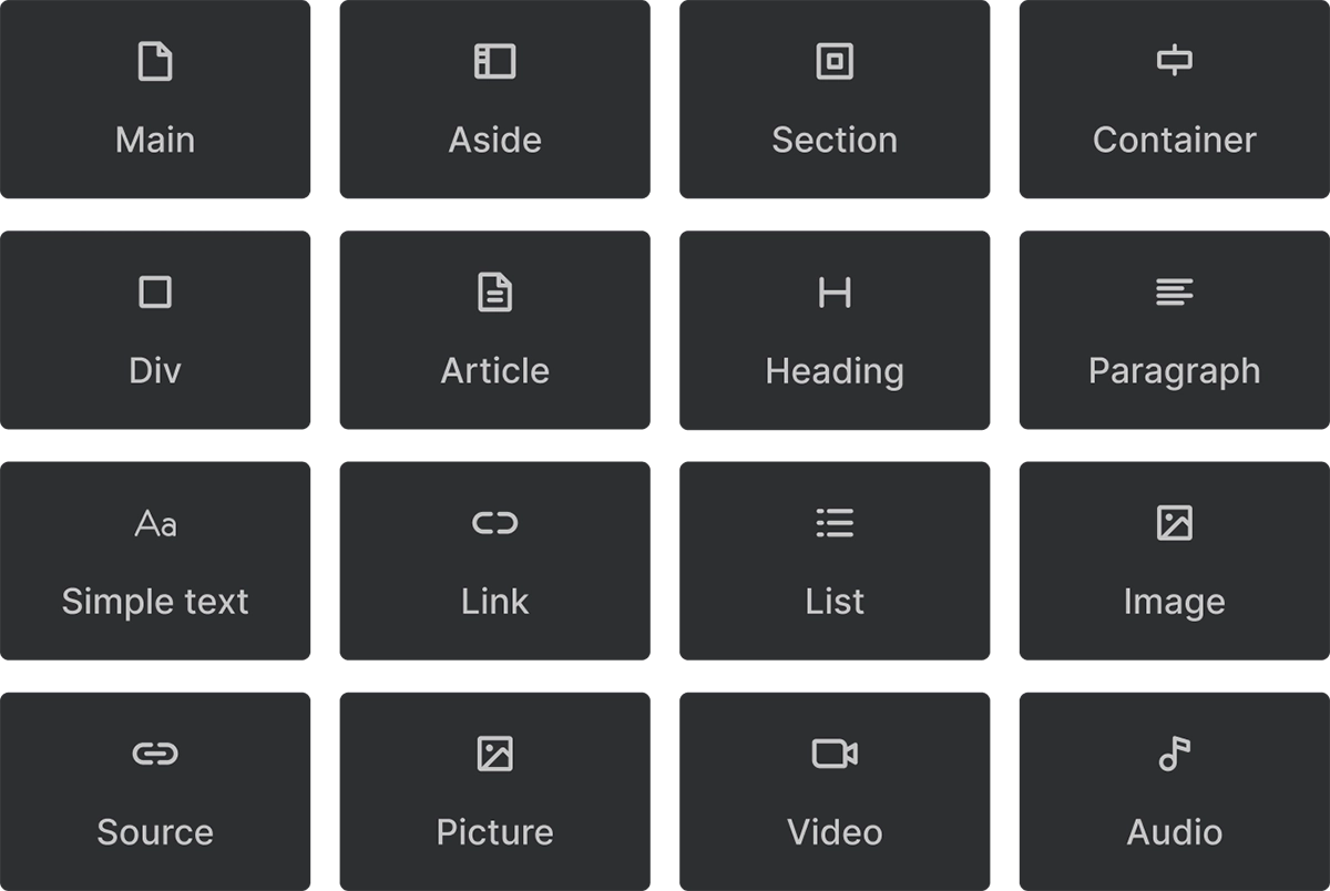 Screenshot: A selection of container elements as they appear in inserter panel