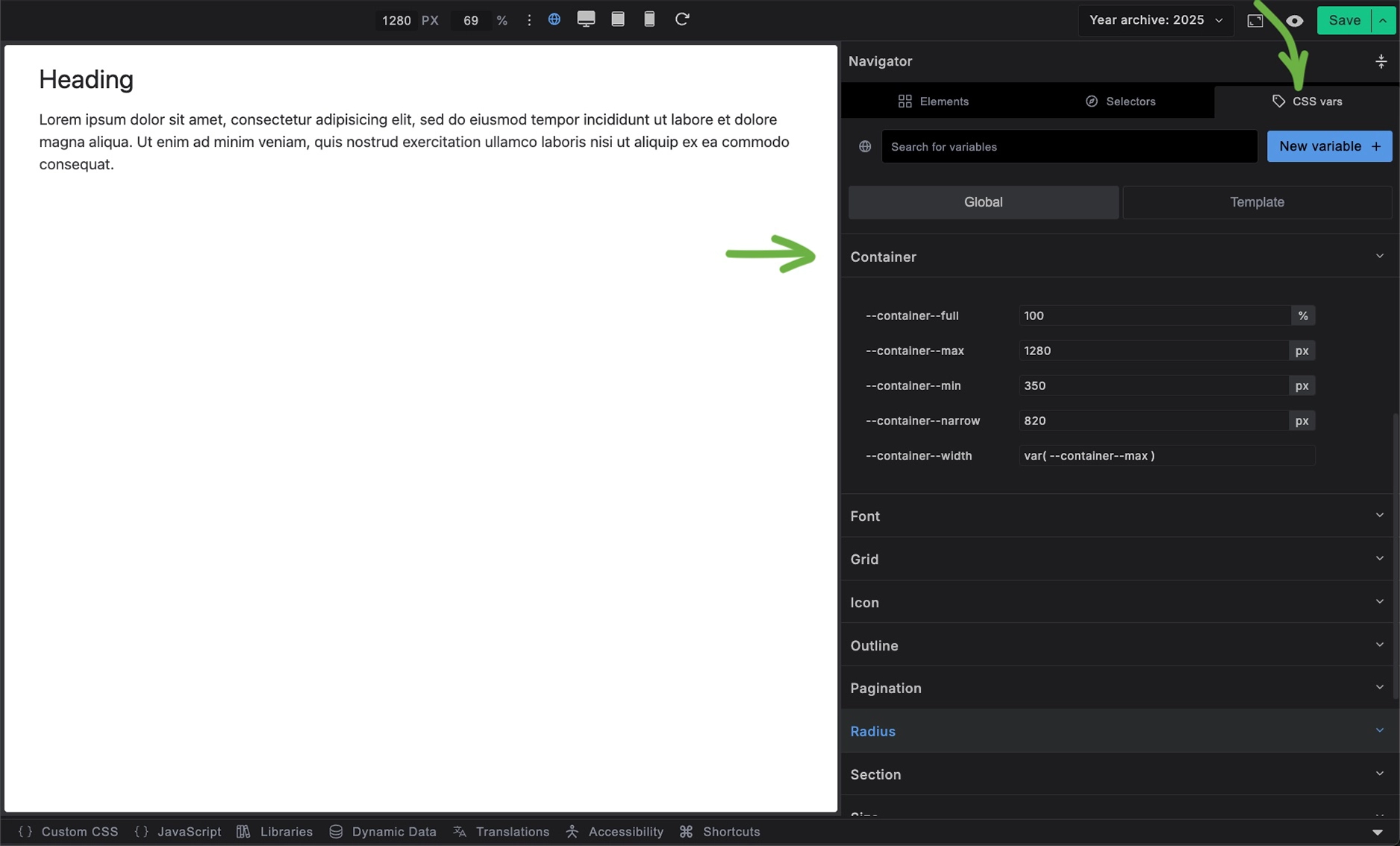 Screenshot showing container CSS variables panel with different width presets