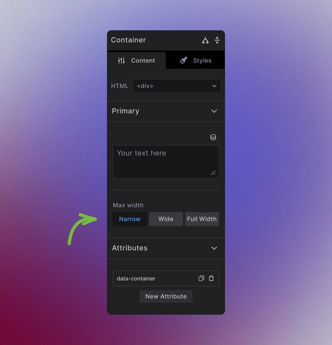 Screenshot showing container CSS toggles