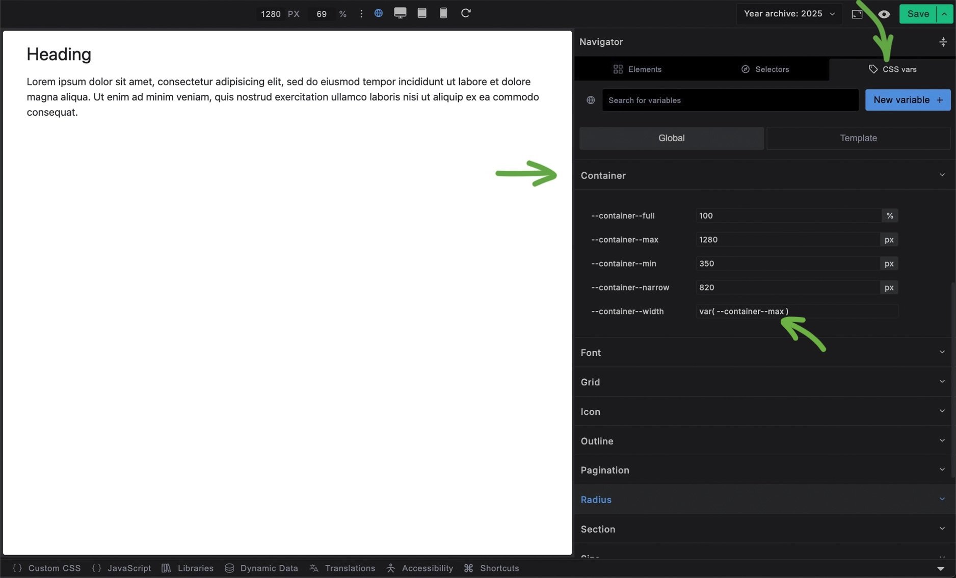 Screenshot showing container CSS var settings