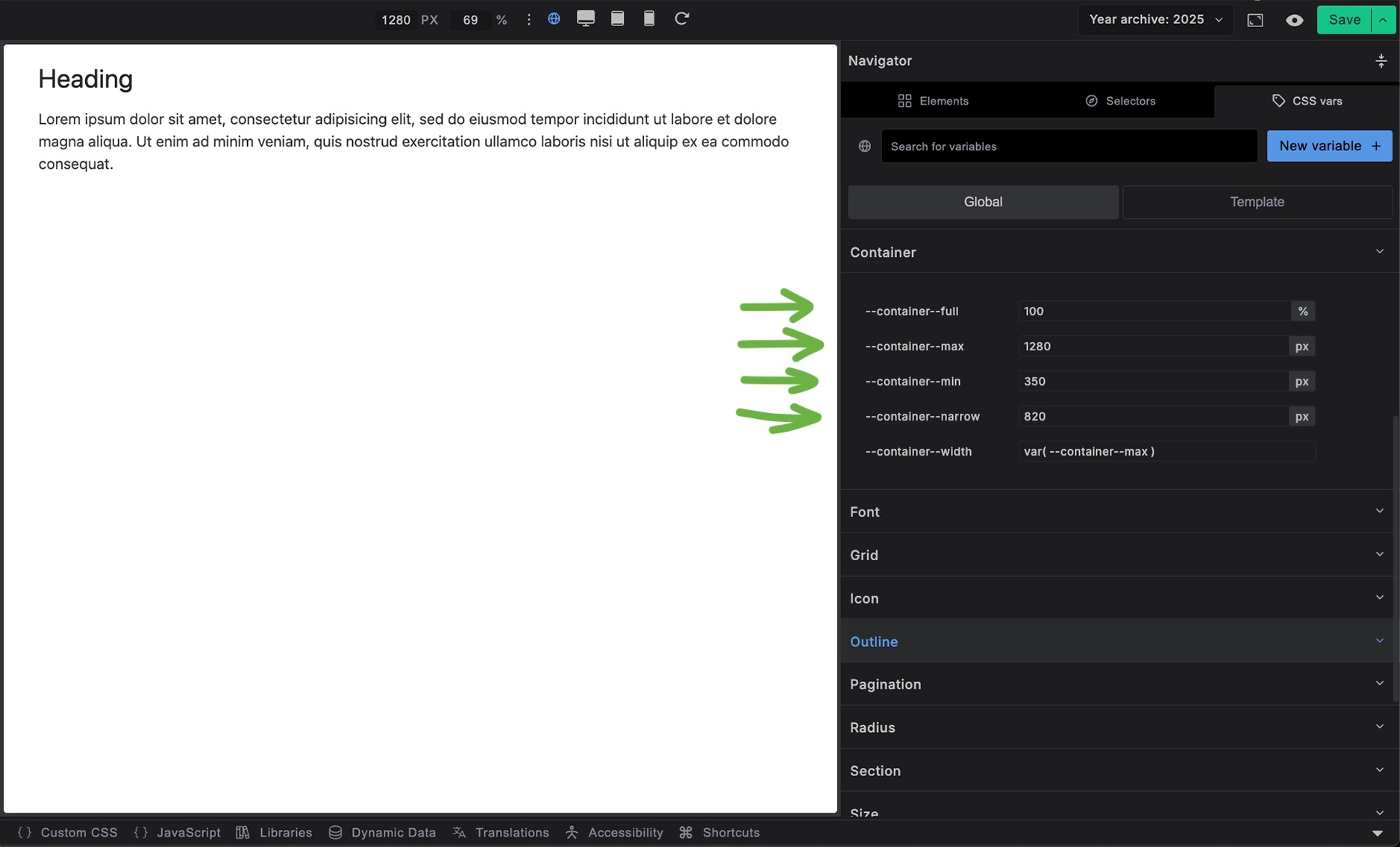Screenshot showing container CSS var settings