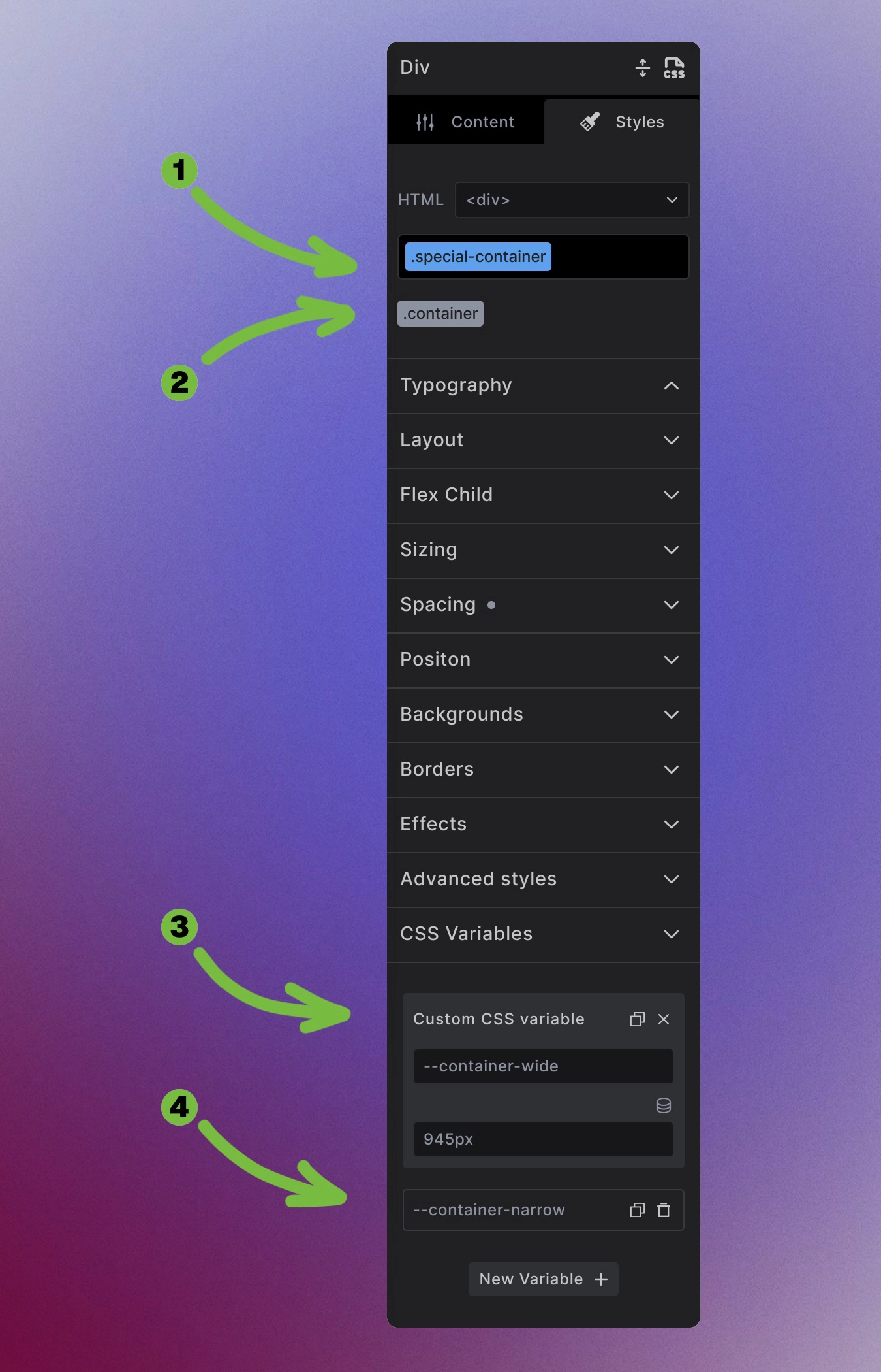 Screenshot showing local CSS var settings
