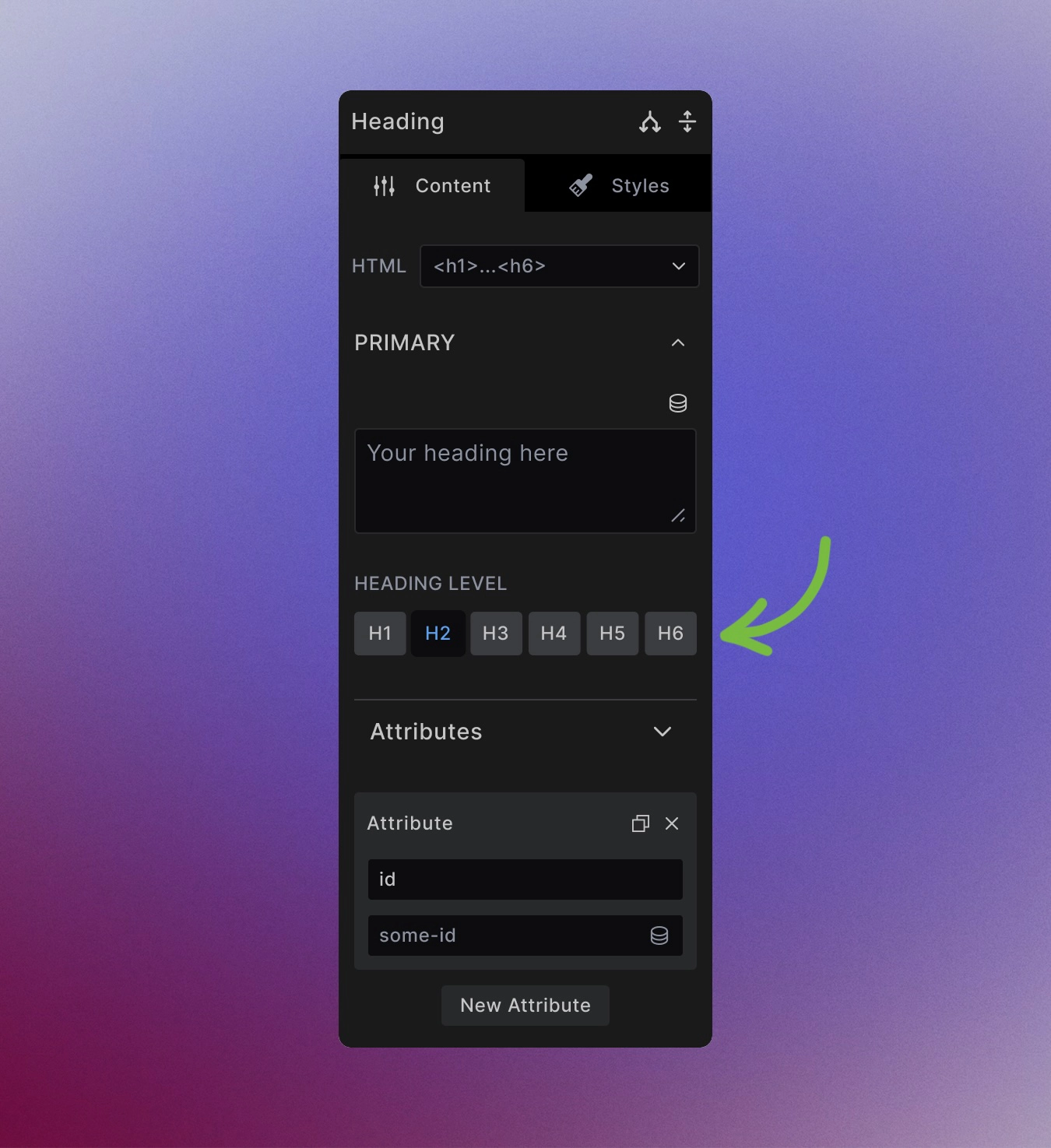 Screenshot showing heading level selector in the Content tab with h1-h6 options