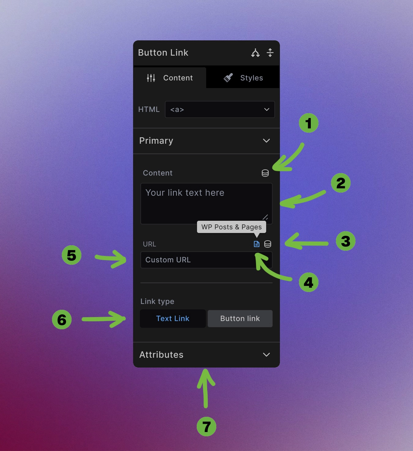 Screenshot showing link settings in the Content tab with URL field and dynamic toggles