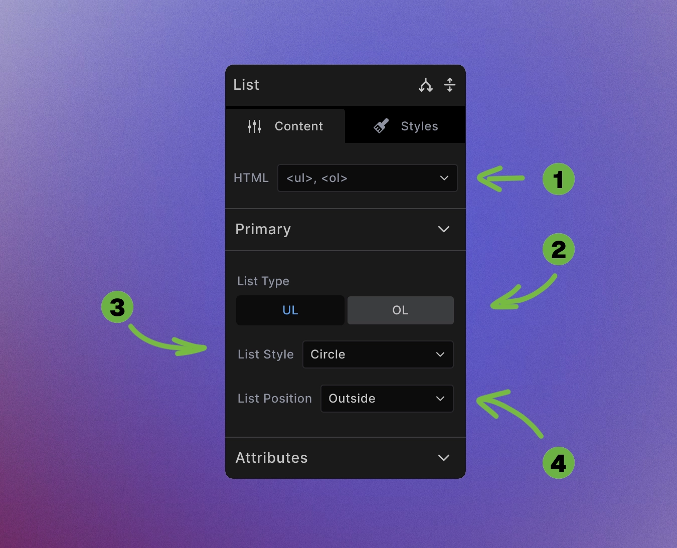 Screenshot showing UL/OL toggle buttons and list style options in Content tab