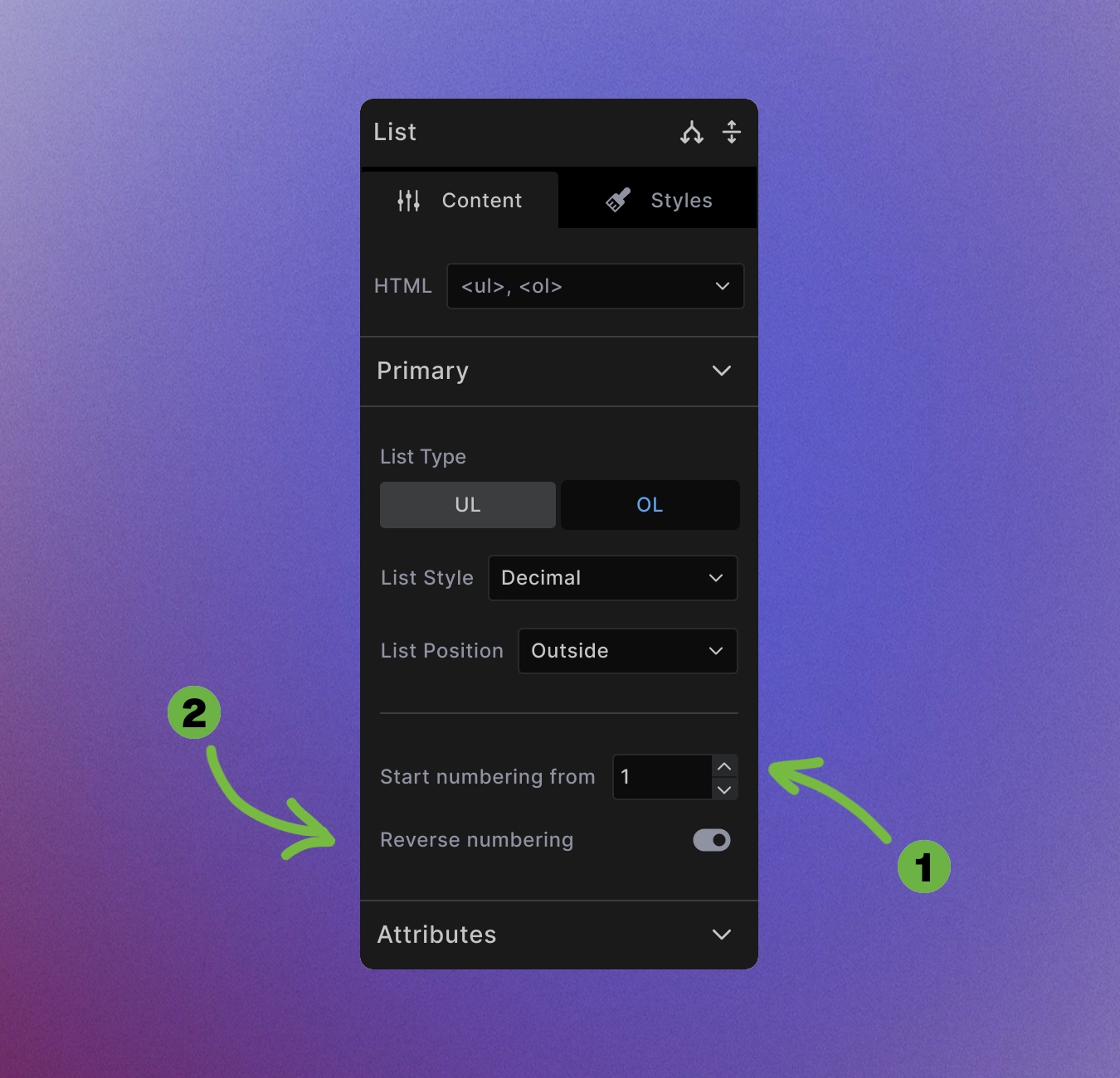 Screenshot showing Ordered list controls