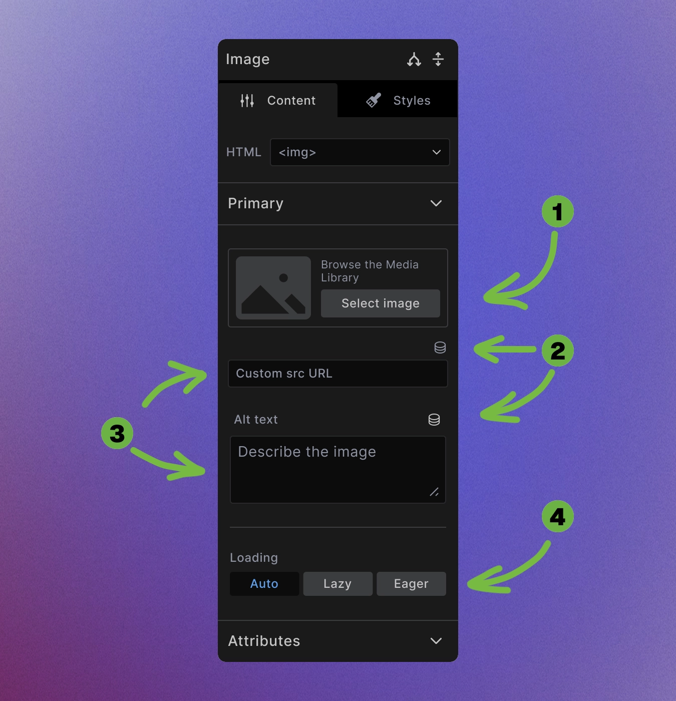Screenshot showing Image element Content tab with Select Image button and settings