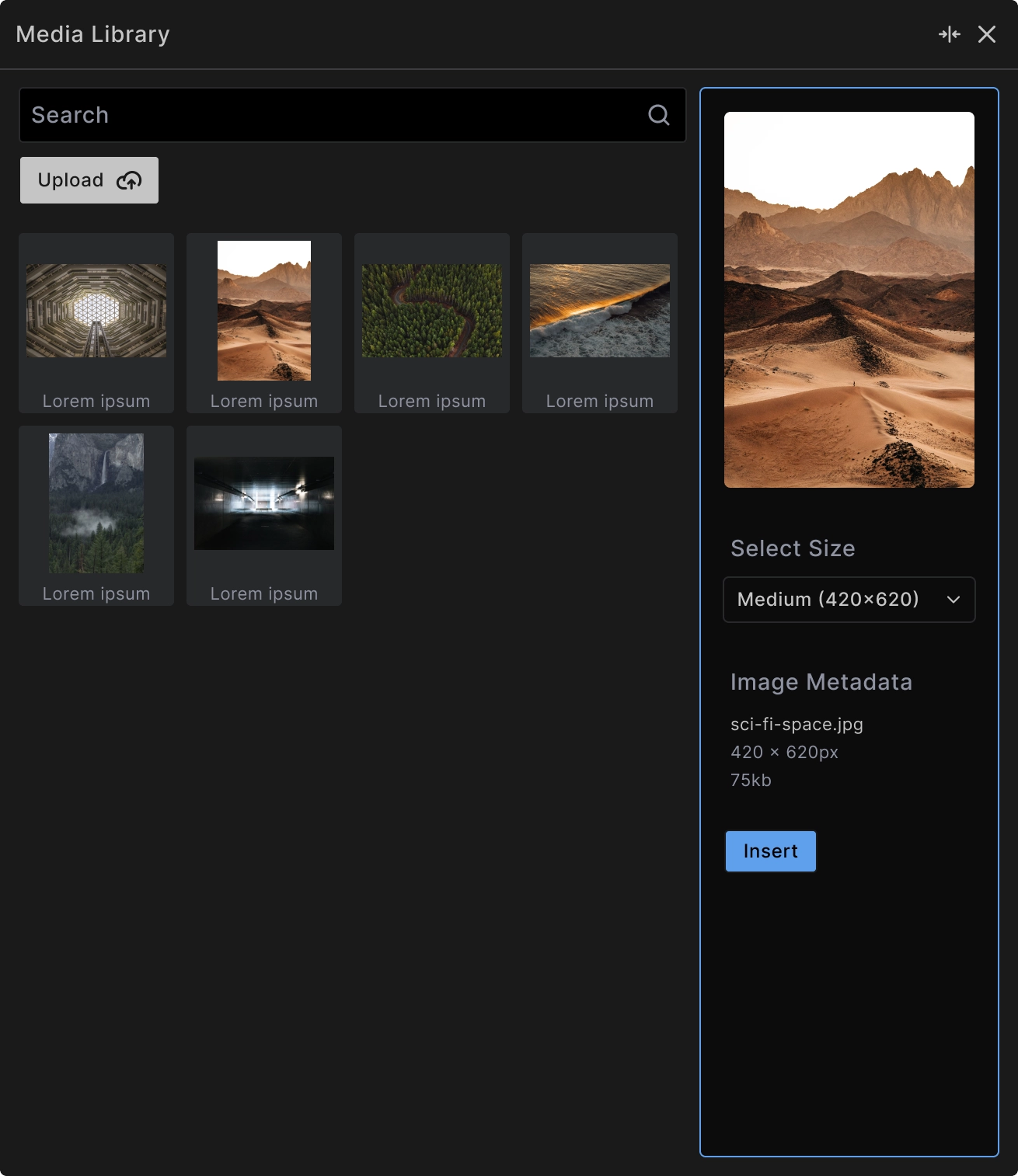Screenshot showing media library modal with search, upload, and size selection options