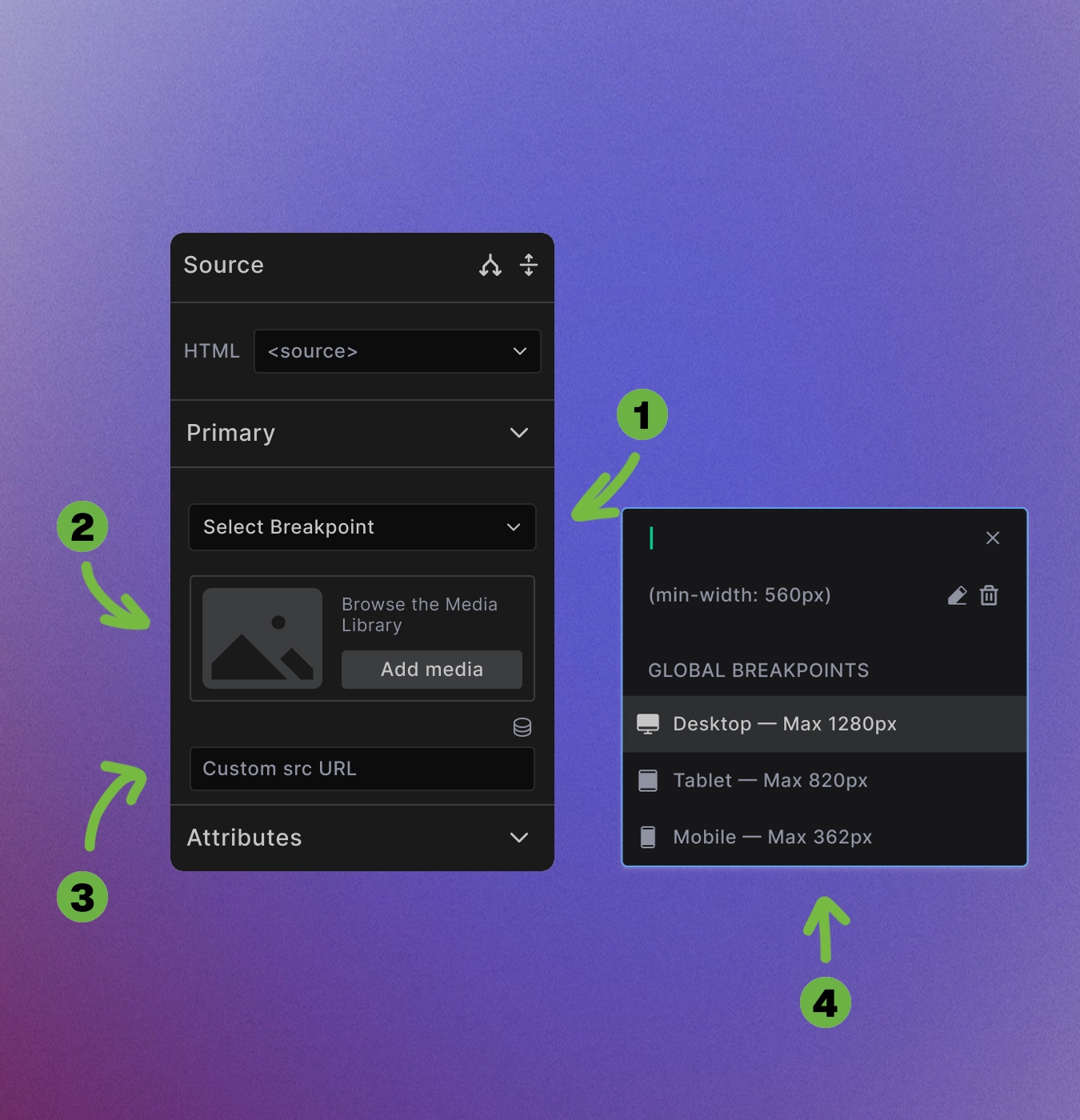Screenshot showing Source element settings panel and breakpoint selection modal