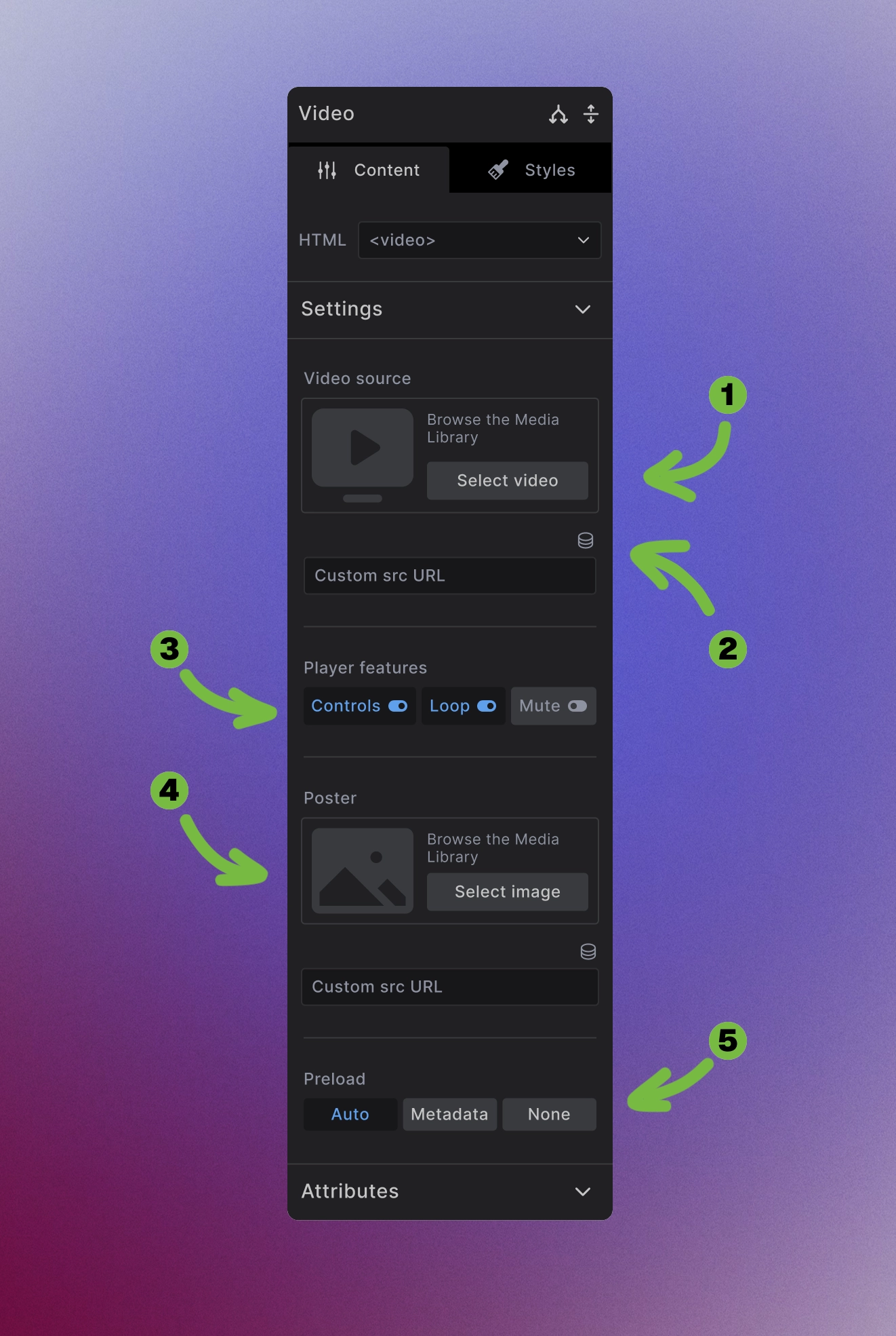 Screenshot showing Video element Content tab with video source, player features, poster, and preload options