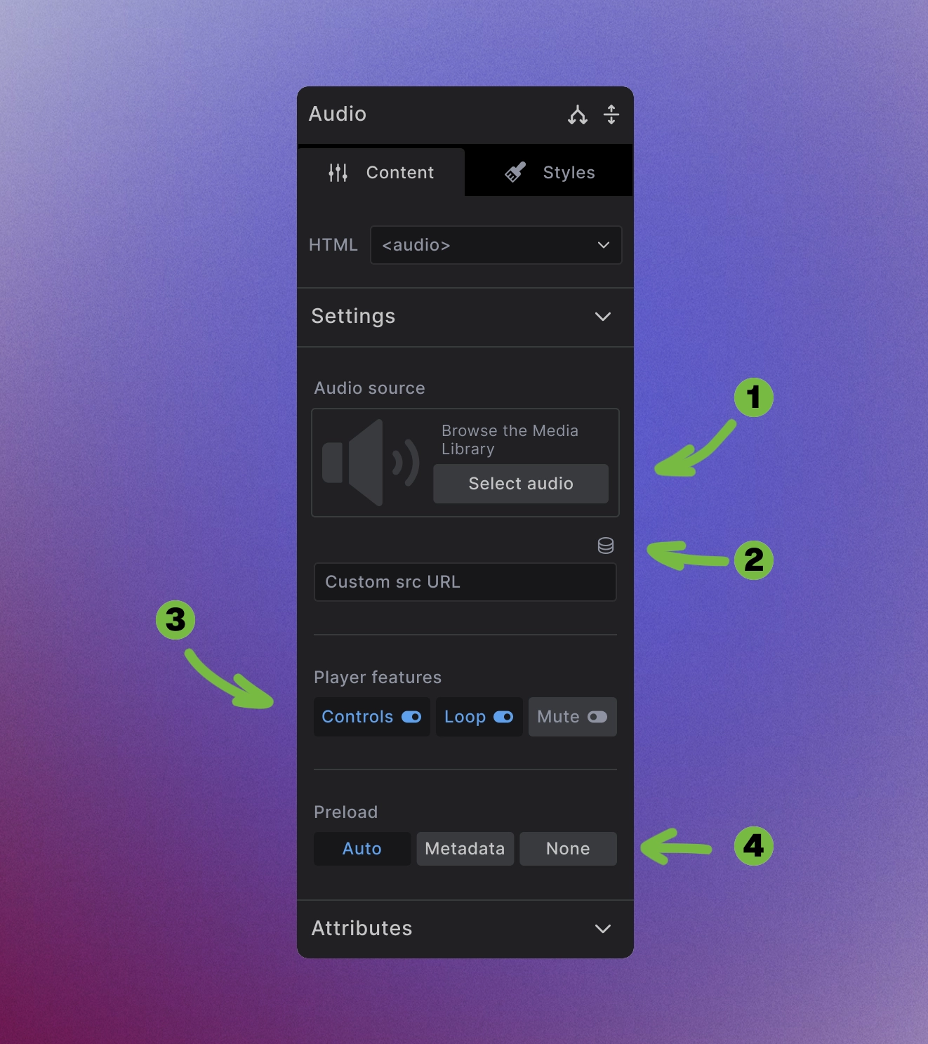 Screenshot showing Audio element Content tab with audio source, player features, and preload options