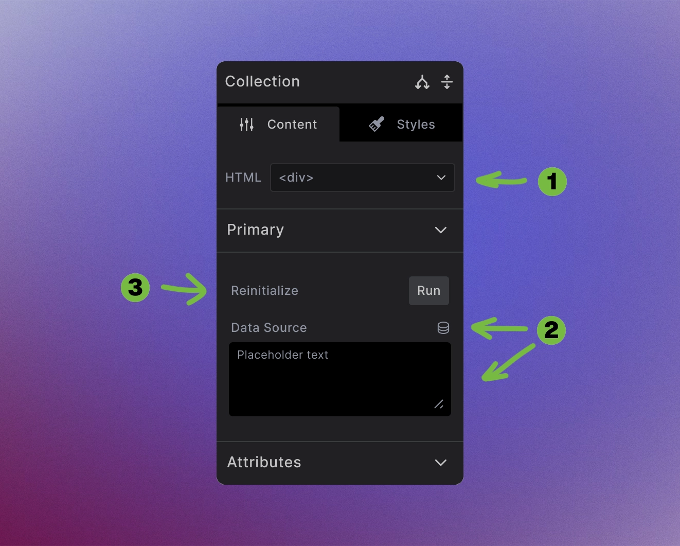Screenshot showing Collection element Content tab with HTML tag, data source, and reinitialize controls