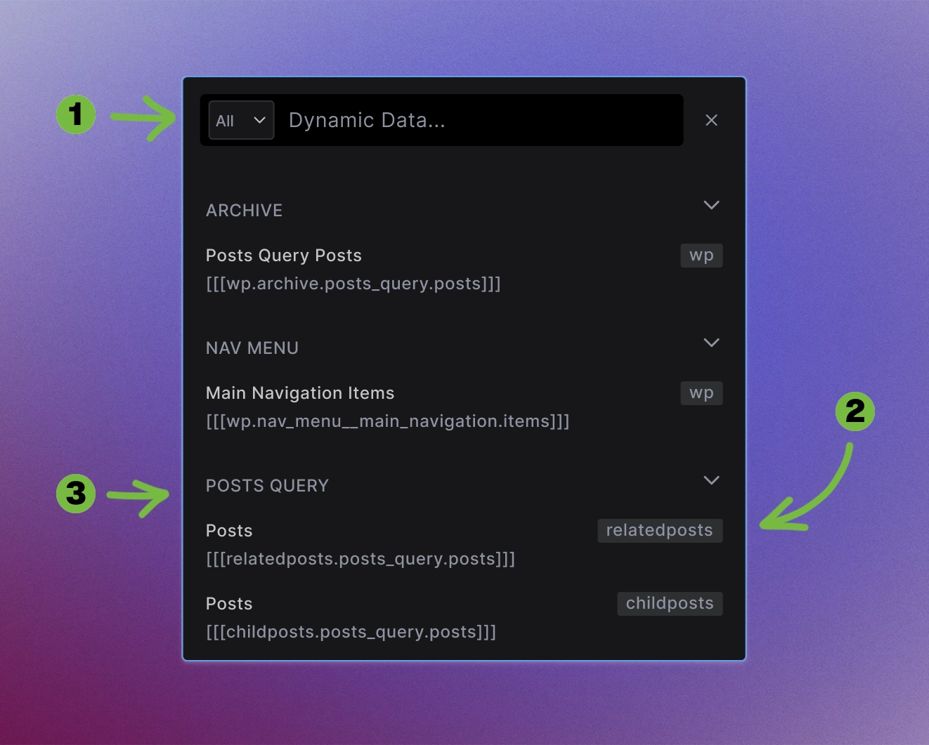 Screenshot showing Dynamic Data modal with categorized data sources including Archive, Nav Menu, and Posts Query options