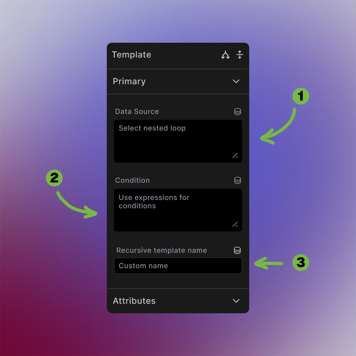 Screenshot showing Template element Content tab with data source, condition, and recursive template name options
