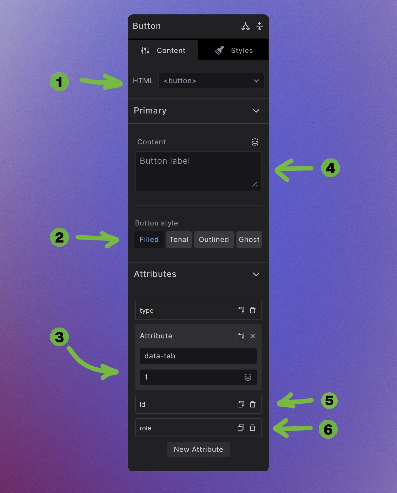 Screenshot showing tab button settings with HTML tag, content, button style, and attributes
