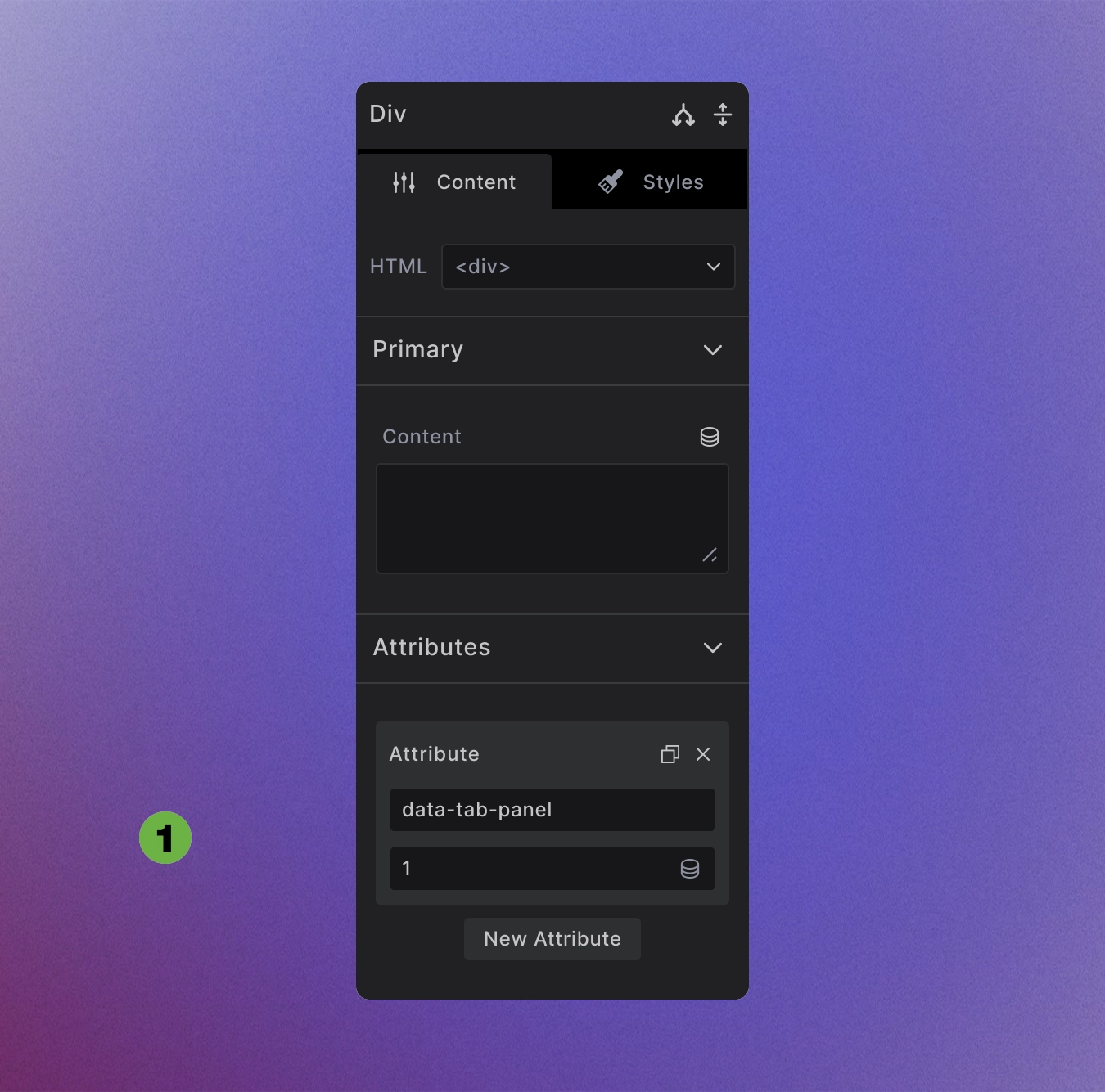 Screenshot showing tab panel settings with data-tab-panel attribute