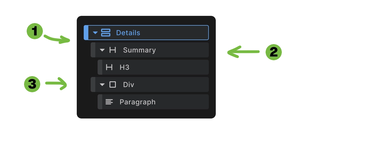 Screenshot showing Details element structure with Details wrapper, Summary element, and content areas in structure panel