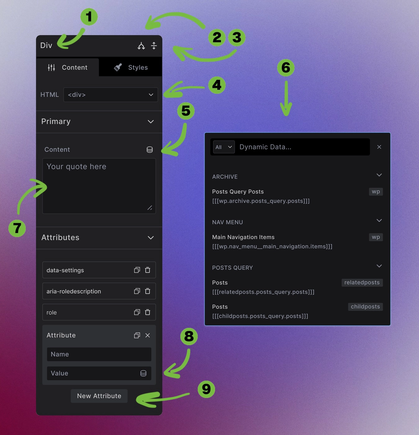 Screenshot showing the Content tab interface with element name, conditions, HTML tag selector, dynamic data, content area, and attributes