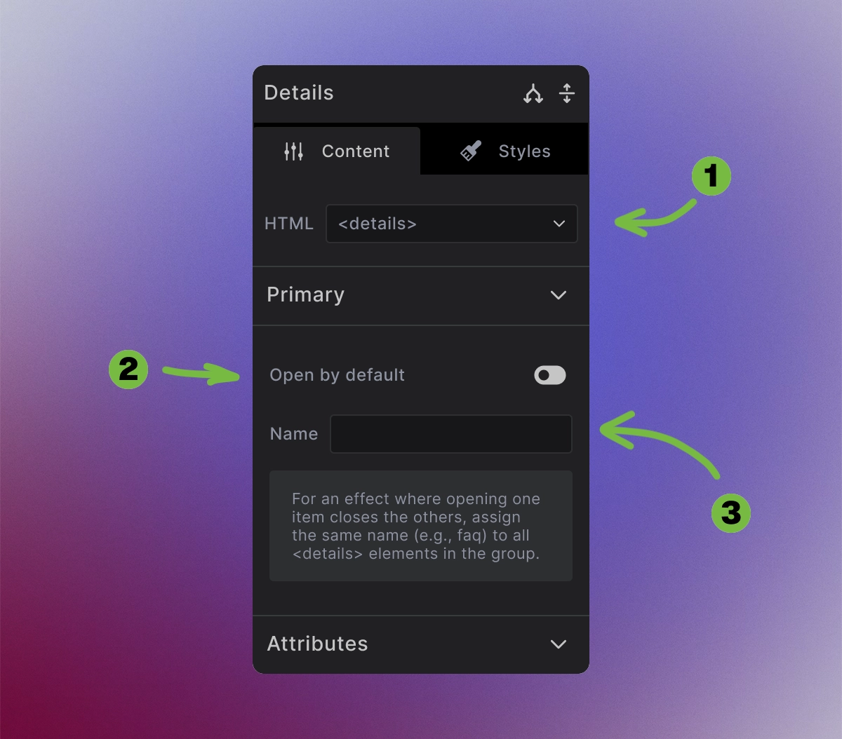 Screenshot showing Details element settings with HTML tag, open by default toggle, and name field
