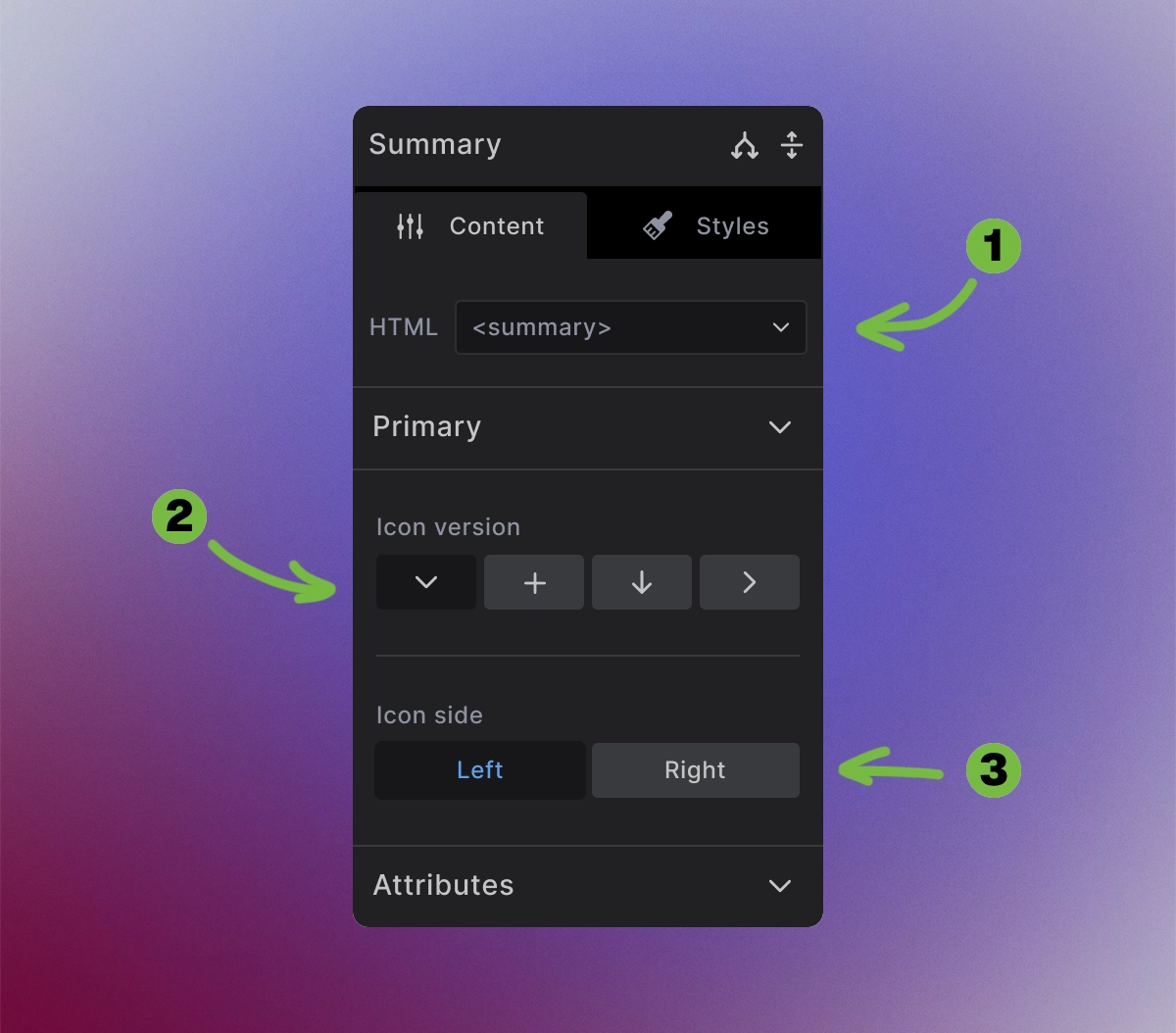 Screenshot showing Summary element settings with HTML tag, icon version, and icon side options
