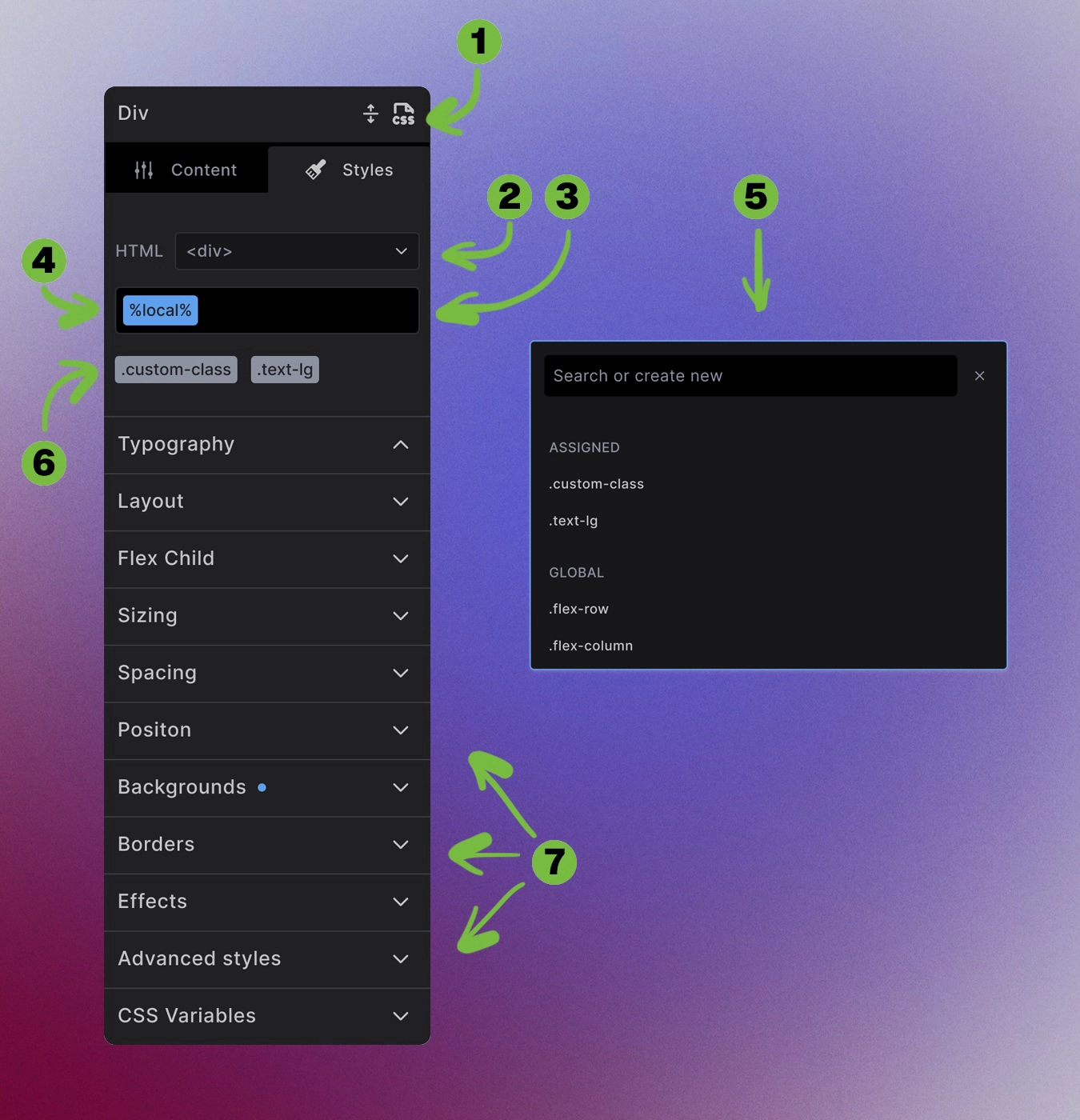 Screenshot showing the Style tab with UI/code toggle, classes, and organized styling sections