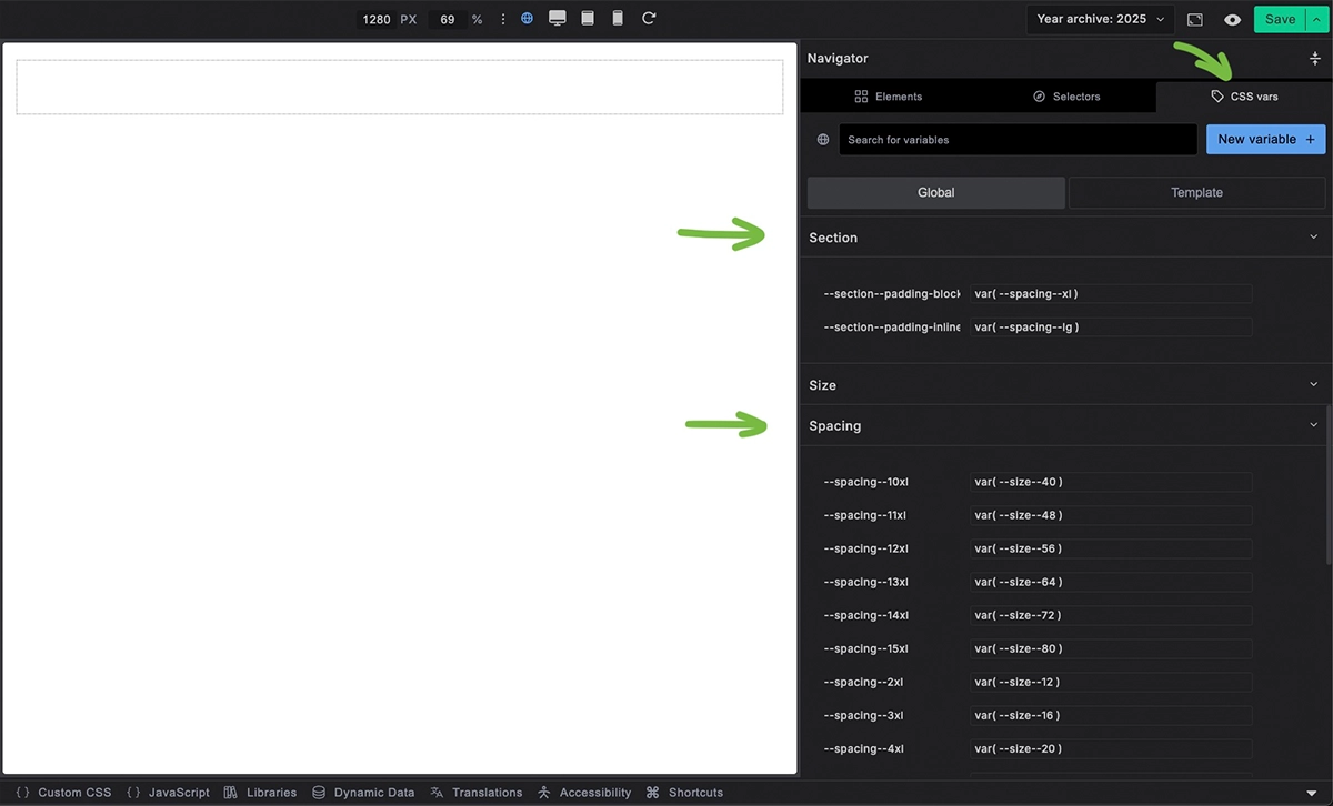 Screenshot showing section styling in the CSS vars tab, highlighting the padding controls and how they affect the full-width layout