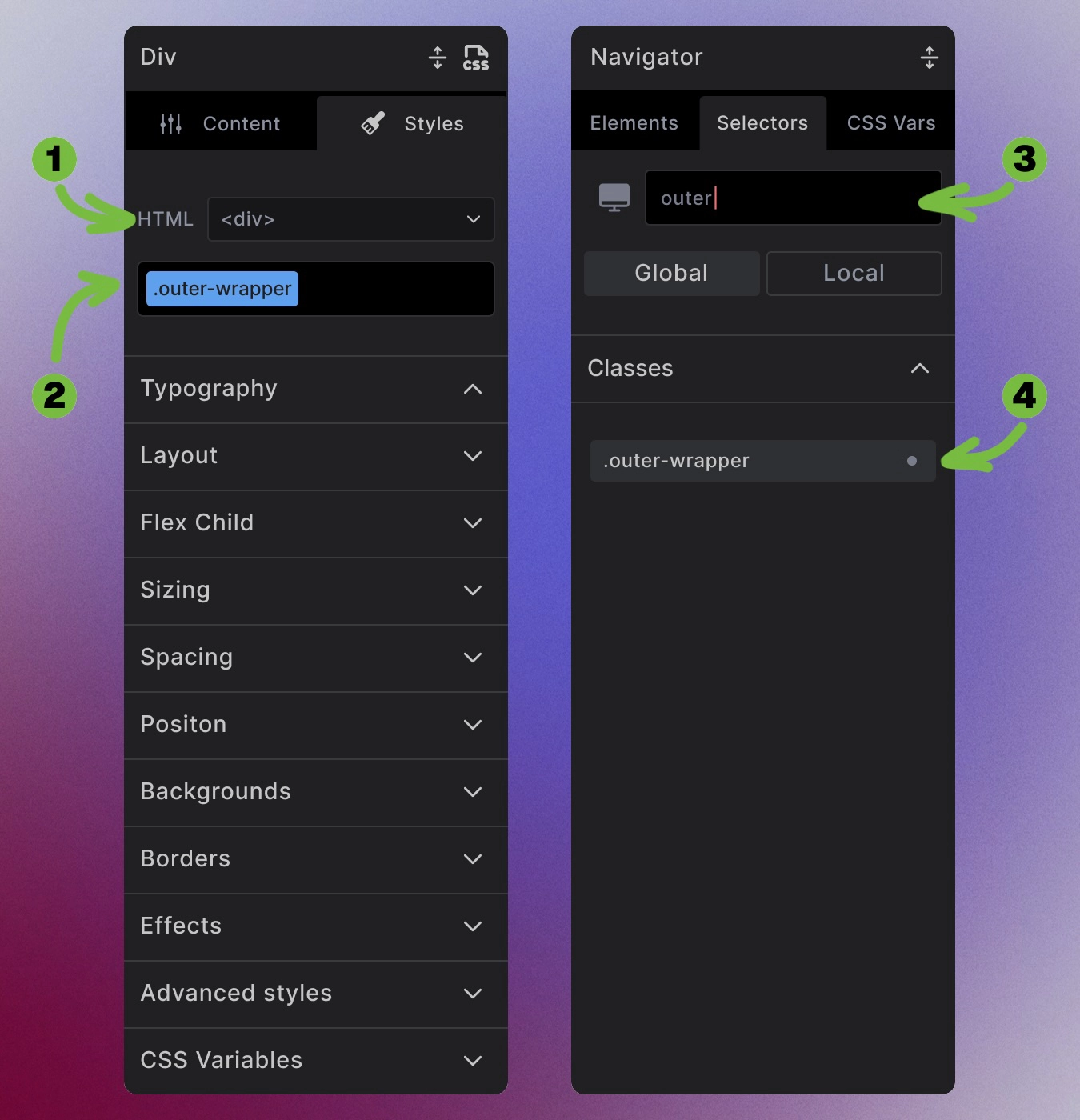 Screenshot showing the HTML tag field and the outer-wrapper class added, with selector panel as alternative way to find that class