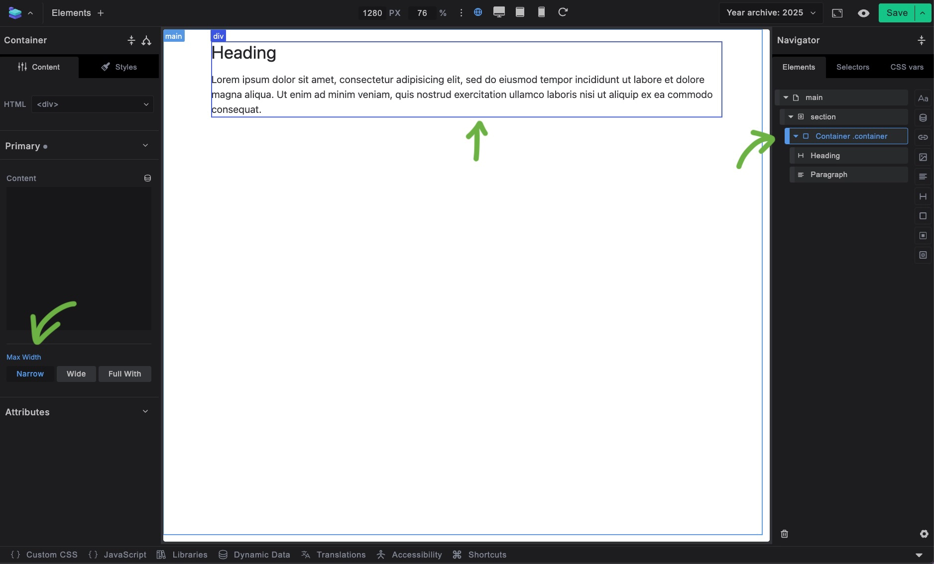 Screenshot showing container element in use with content constrained to readable width